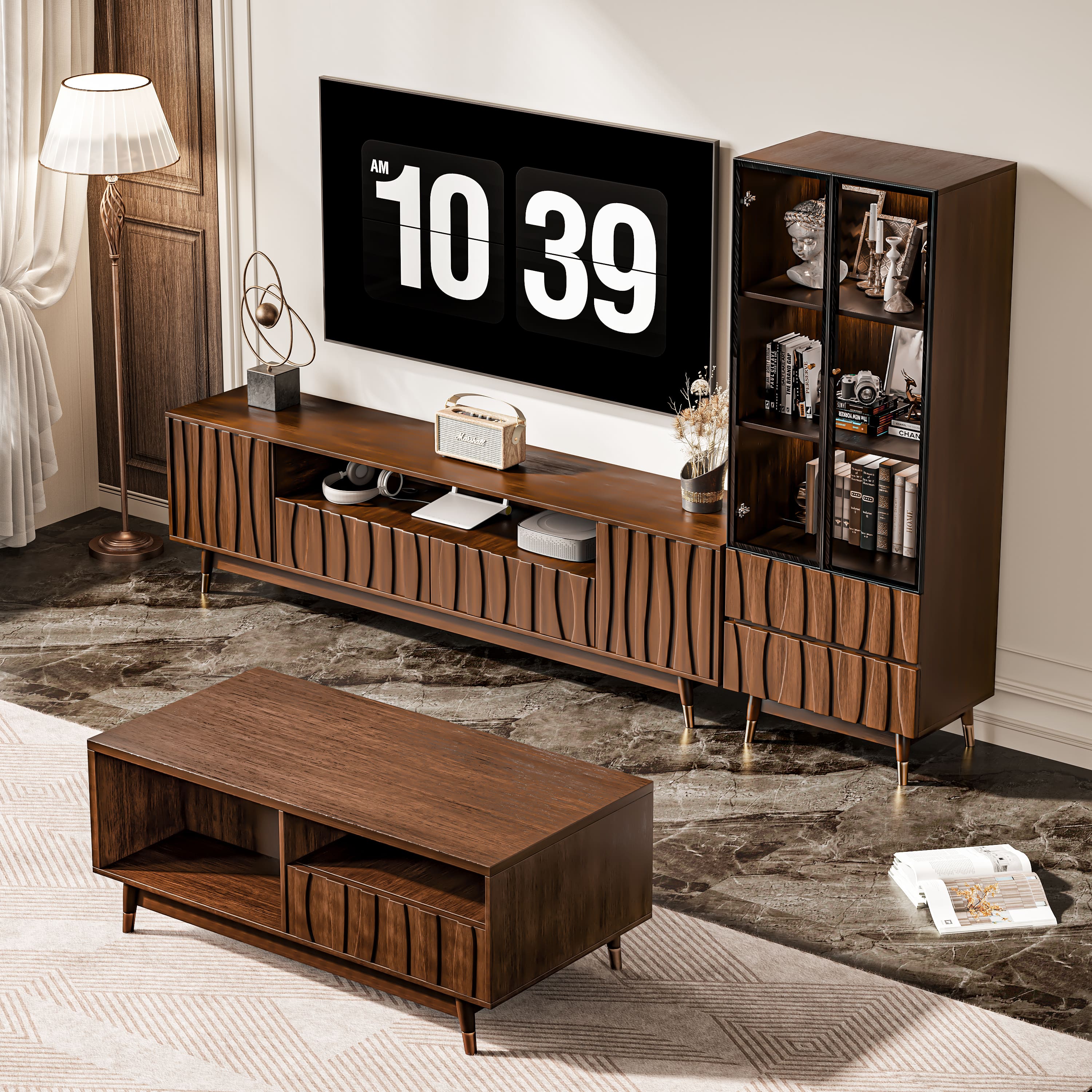 MSOOB - TV Stand and Glass Display Cabinet coffee table Set, Mid-Century Modern Living Room Entertainment Center Up to 85" TV - Brown