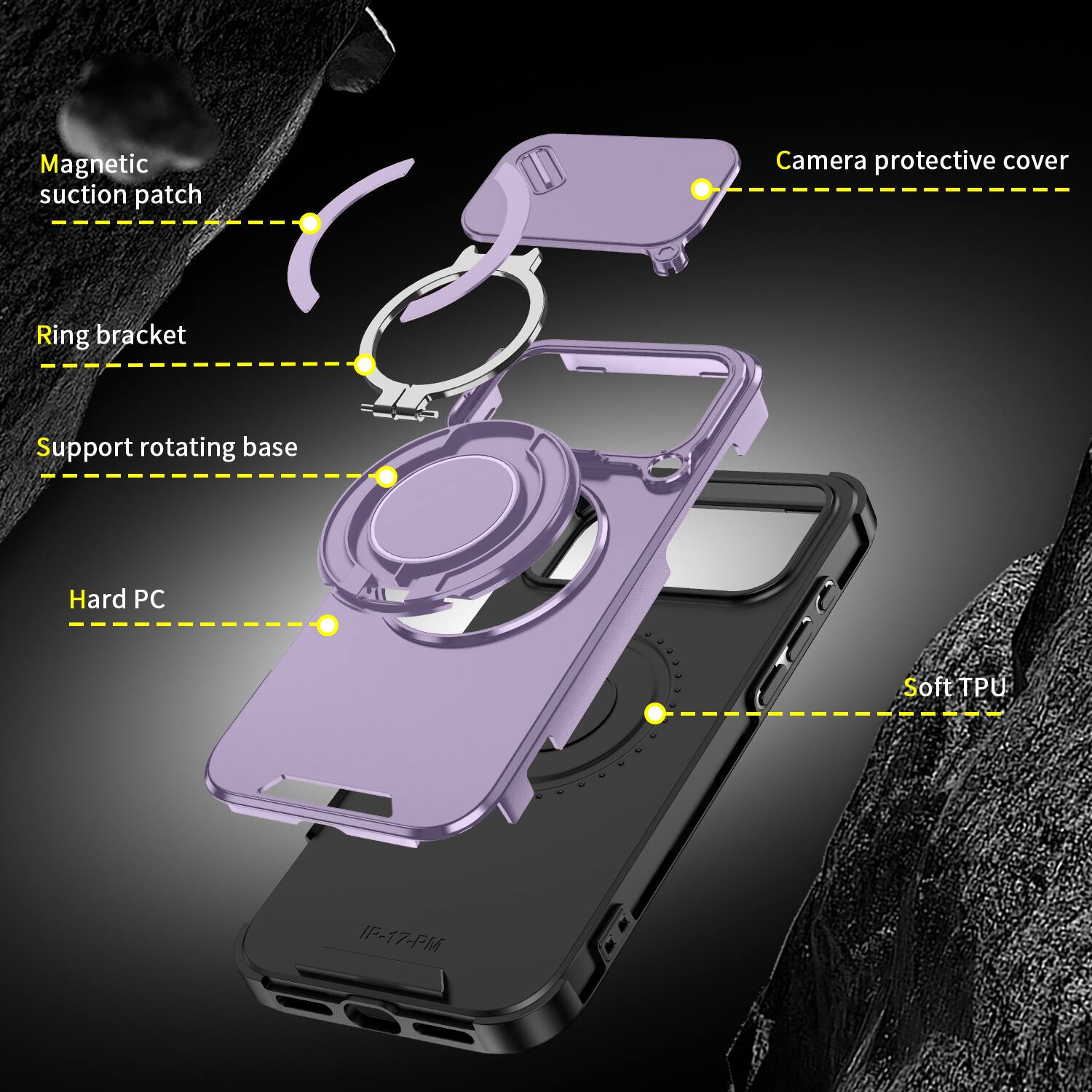 Magnetic suction patch  
Camera protective cover  
Ring bracket  
Support rotating base  
Hard PC  
Soft TPU  
IF-17-PM