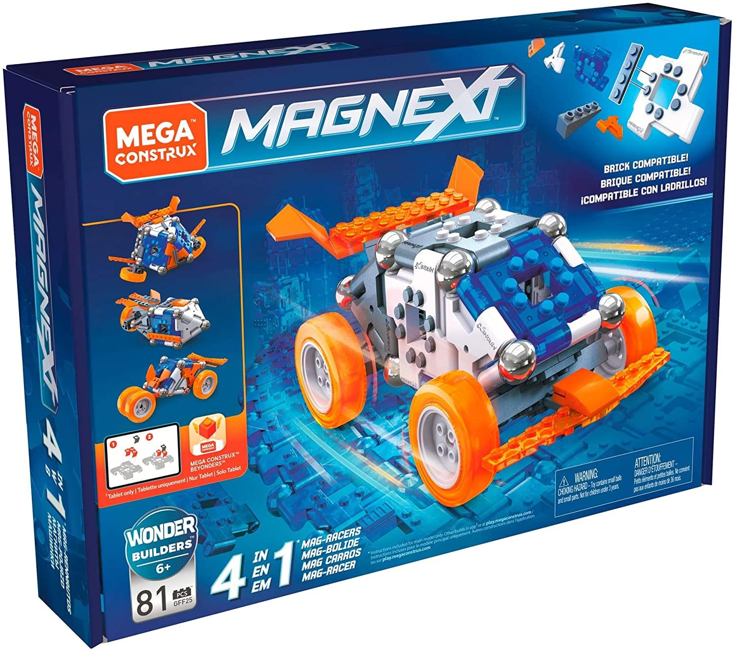 MAGNEX  
MEGA CONSTRUX  

BRICK COMPATIBLE!  
BRIQUE COMPATIBLE!  
¡COMPATIBLE CON LADRILLOS!  

WONDER BUILDERS  
6+  

81 PCS  
4 IN 1  

MEGA RACERS  
MAE RACERS  
MAE BOLDE COCHES  
MAG-RACER  

ATTENTION:  
WARNING: CHOKING HAZARD - Small parts. Not for children under 3 years.  
ATTENTION:  
DANGER DE CHOKING - Petits morceaux. Ne convient pas aux enfants de moins de 3 ans.  

Tablet only / Tablet seulement / Nur Tablet / Solo Tablet
