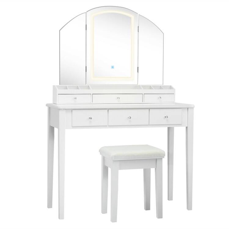 Front. SlickBlue - Vanity Desk Set with Stool and Tri-Folding Lighted Mirror for Bedroom - White.