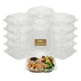 Eco Harmony Products - Hinged Container (PS) Tall, 3-compartment, 9" x 8.75", 200-Pack - Clear