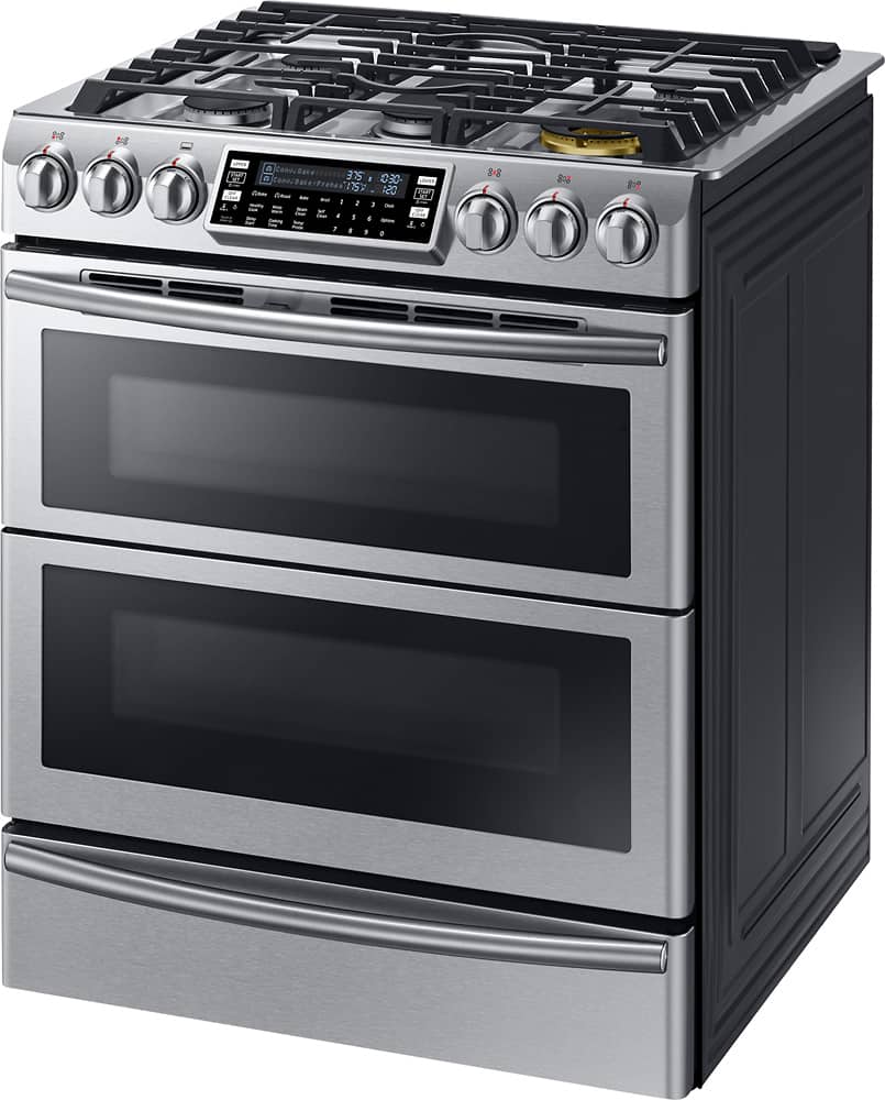 Left. Samsung - Flex Duo 5.8 Cu. Ft. Self-Cleaning Slide-In Double Oven Dual Fuel Convection Range.