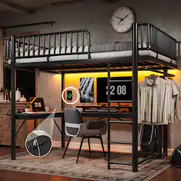 Anysun - Queen Metal Loft Bed with L-Shaped Desk, LED Lights, Charge Station, Computer Tray & Hanging Area, Round Pipe Design - Black