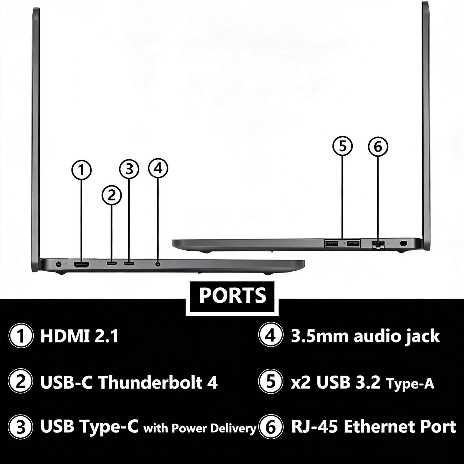 1. HDMI 2.1  
2. USB-C Thunderbolt 4  
3. USB Type-C with Power Delivery  
4. 3.5mm audio jack  
5. x2 USB 3.2 Type-A  
6. RJ-45 Ethernet Port