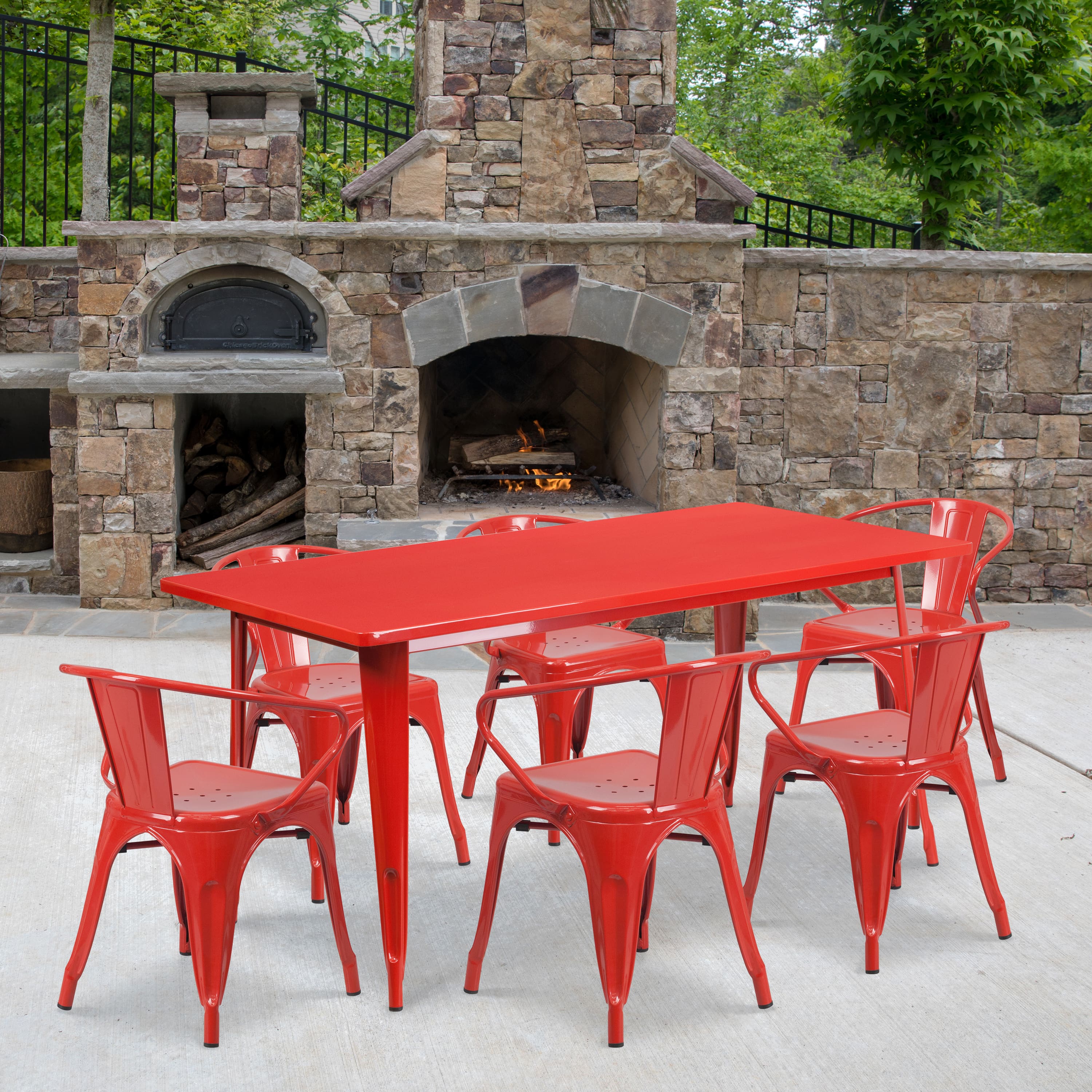 Emma + Oliver - Commercial Grade Rectangular Metal Indoor-Outdoor Table Set with 6 Arm Chairs - Red