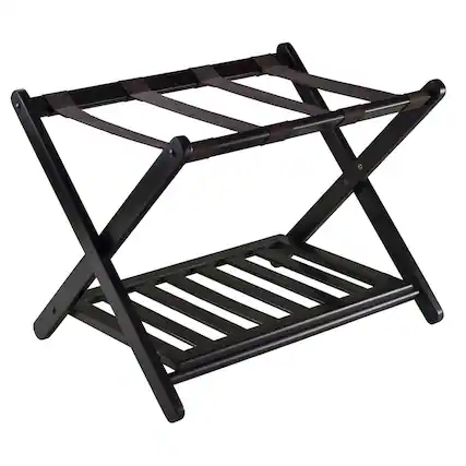 Front. FurniFact - Foldable Luggage Rack with Shelf - Espresso.