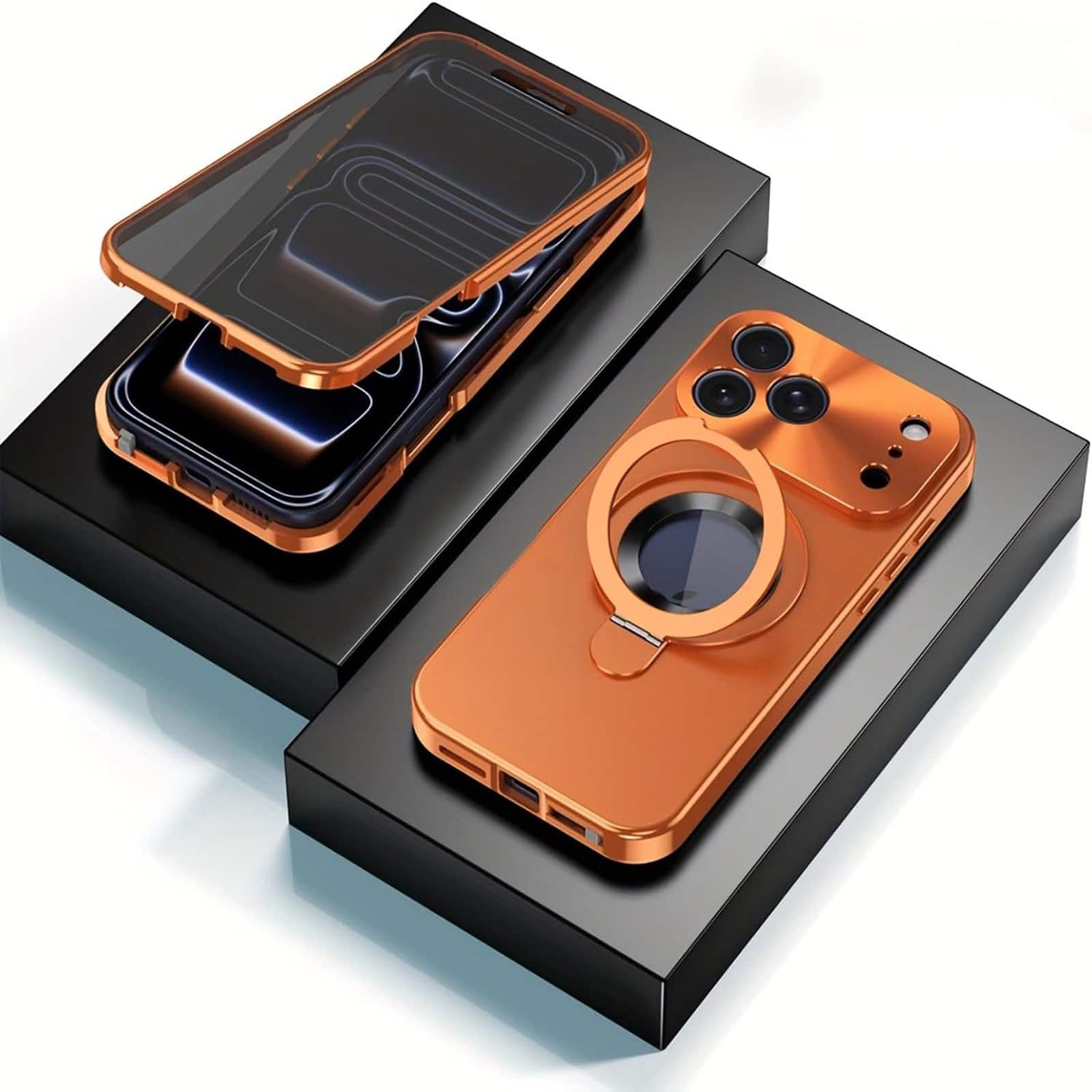 Dteck - Mag Safe Case for Apple iPhone 17 Pro Built-in Anti-Peep Screen Protector Rugged Ring Stand Full Body Cover - Orange