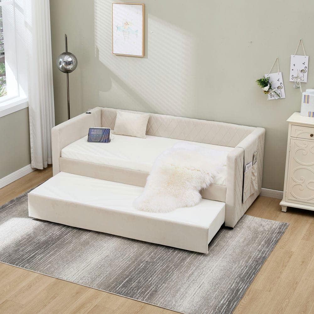 Kadyn - Velvet Daybed with Sturdy Wood Frame, Modern Diamond Grid Pull-Out Design for Bedroom Living Room - Beige