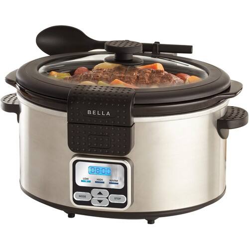 Front Standard. Bella - 13722 Programmable Slow Cooker with Locking Lid & Serving Spoon, 6-Quart - Black, Stainless Steel.