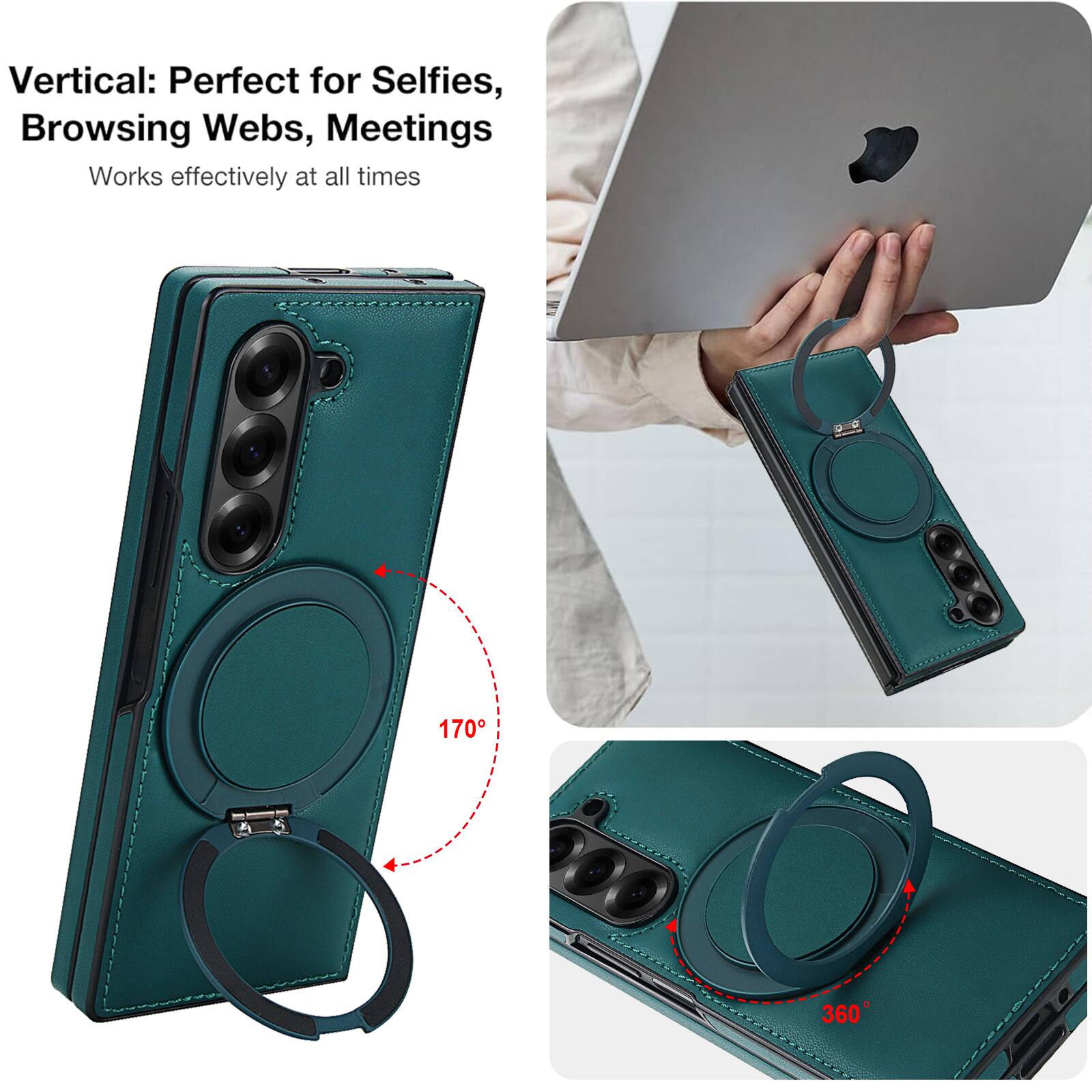 Vertical: Perfect for Selfies, Browsing Webs, Meetings  
Works effectively at all times  

170°  
360°