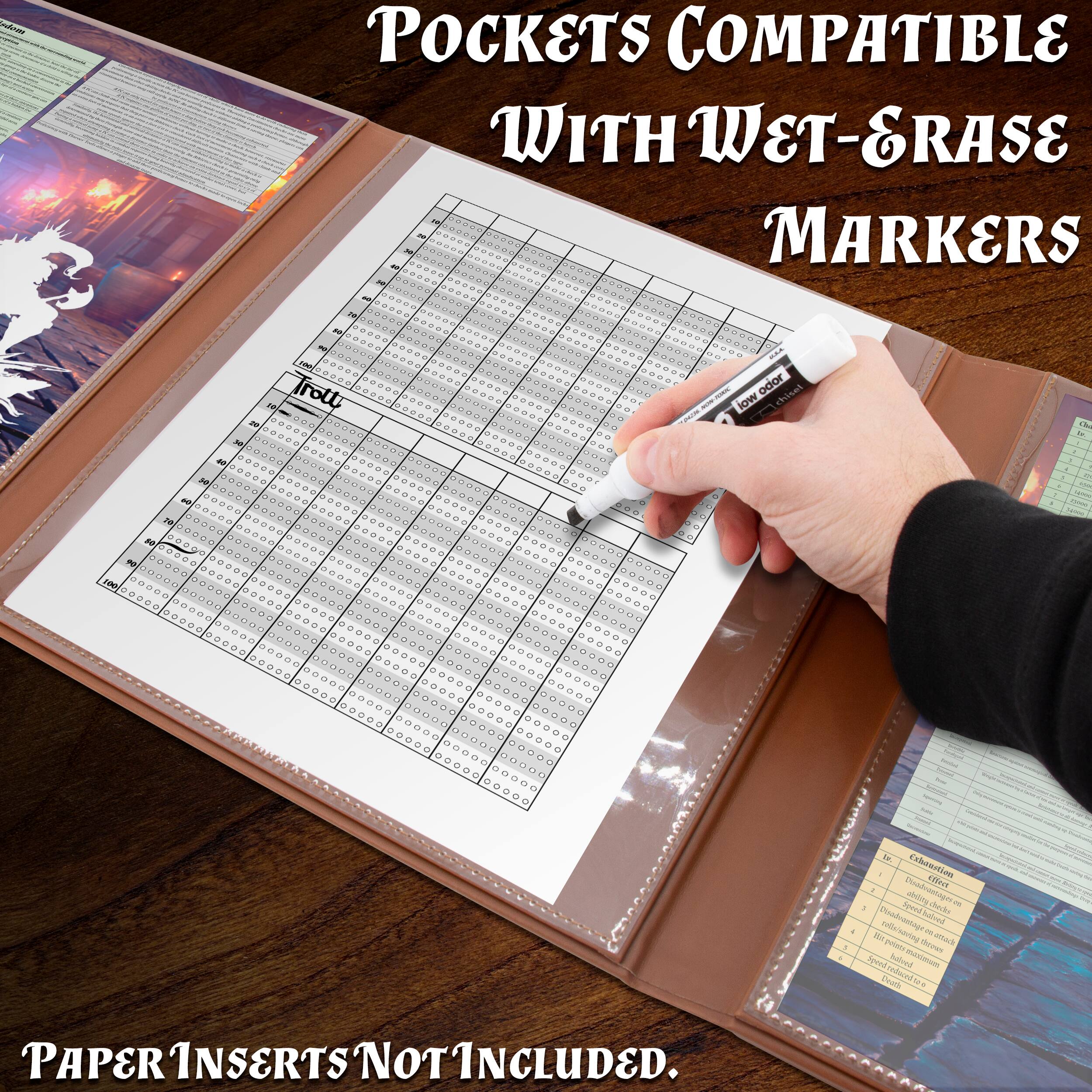 Pockets compatible with wet-erase markers. Paper inserts not included.