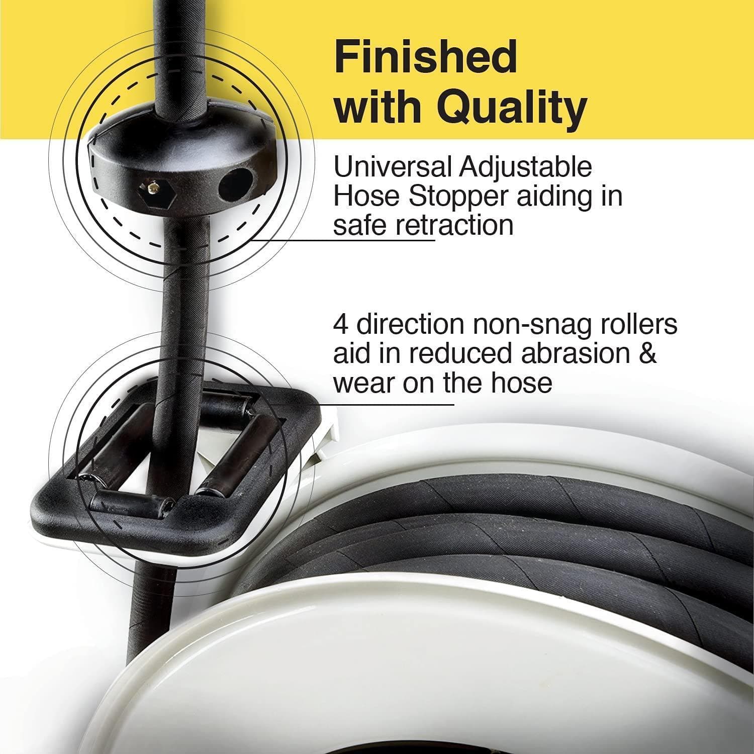 Finished with Quality

Universal Adjustable Hose Stopper aiding in safe retraction

4 direction non-snag rollers aid in reduced abrasion & wear on the hose