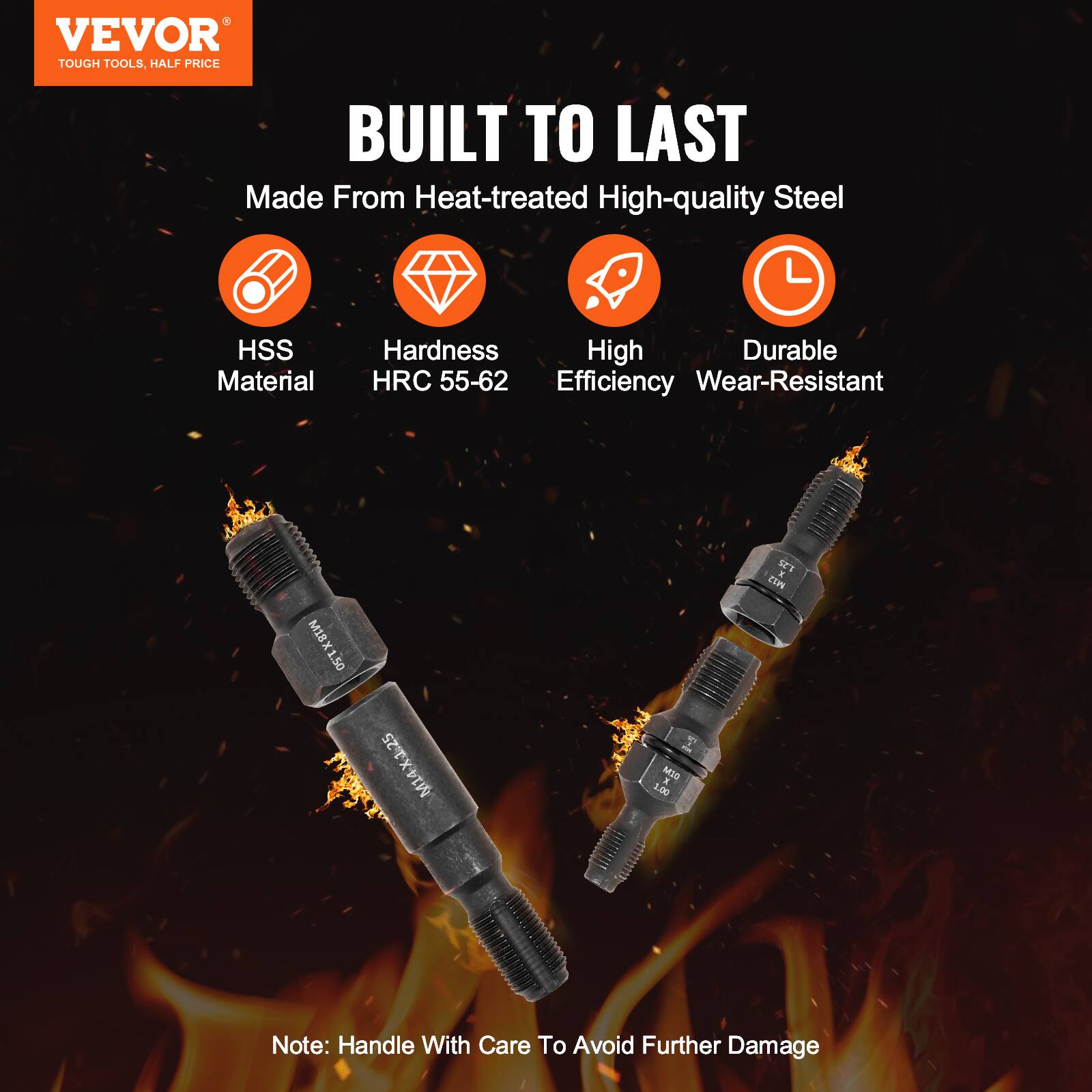 VEVOR  
TOUGH TOOLS, HALF PRICE  

BUILT TO LAST  
Made From Heat-treated High-quality Steel  

- HSS Material  
- Hardness HRC 55-62  
- High Efficiency  
- Durable Wear-Resistant  

Note: Handle With Care To Avoid Further Damage