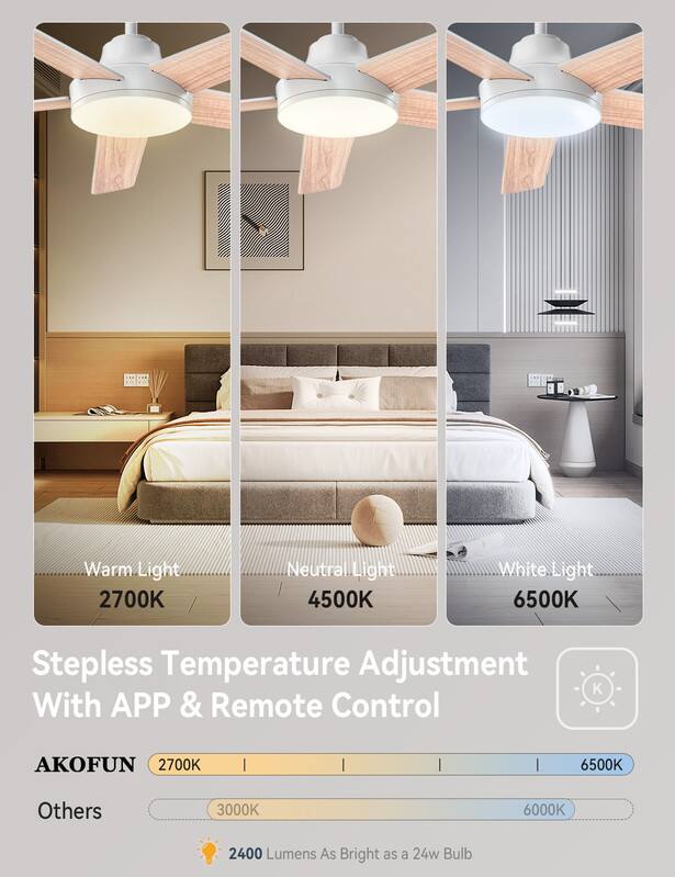 Warm Light 2700K  
Neutral Light 4500K  
White Light 6500K  
Stepless Temperature Adjustment With APP & Remote Control  

AKOFUN 2700K | 6500K  
Others 3000K 6000K  

2400 Lumens As Bright as a 24w Bulb