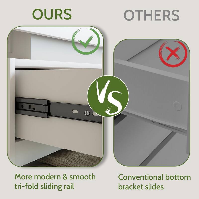 **OURS**  
More modern & smooth tri-fold sliding rail

**VS**

**OTHERS**  
Conventional bottom bracket slides