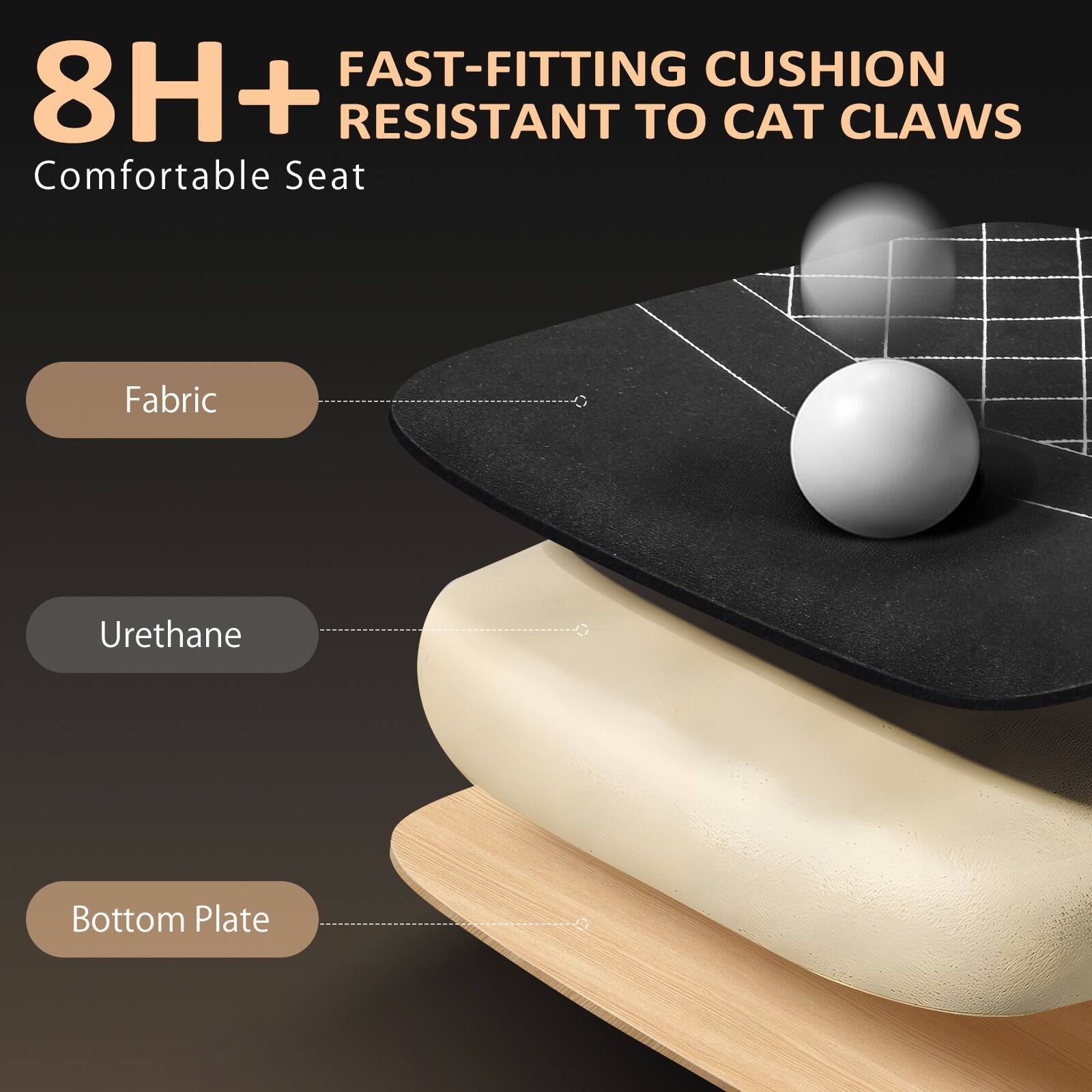 8H+  
FAST-FITTING CUSHION  
RESISTANT TO CAT CLAWS  
Comfortable Seat  

Fabric  
Urethane  
Bottom Plate