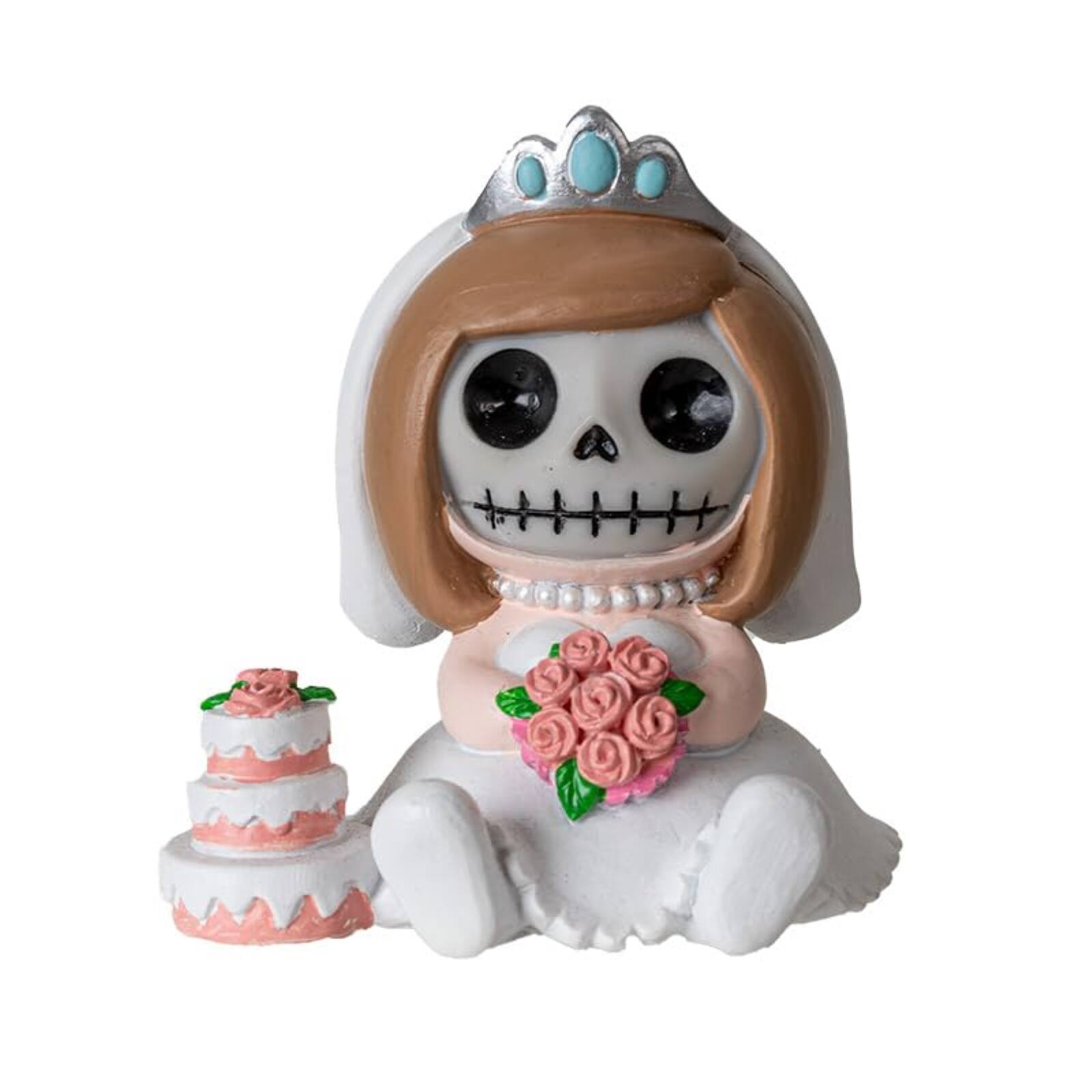 Pacific Trading - Mrs. Furrybones Figurine Skeleton Bride in Wedding Dress Holding Bouquet with Cake 3.15 Tall - White