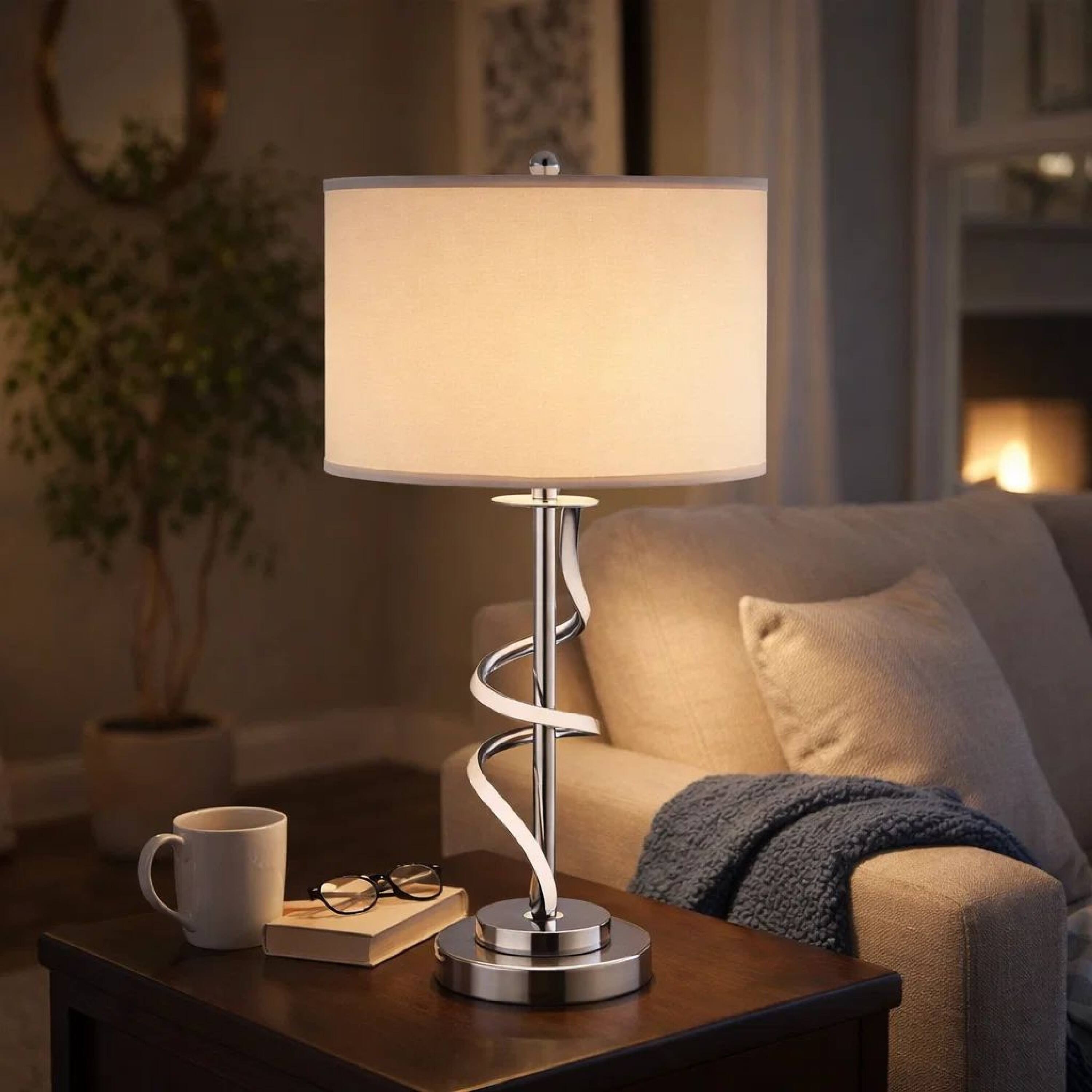 Alt View 3. Manhattan Lane - Jame 29 Inch Table Lamp, Drum Fabric Shade, Accent Round Chrome Base - Chrome, Silver, White.