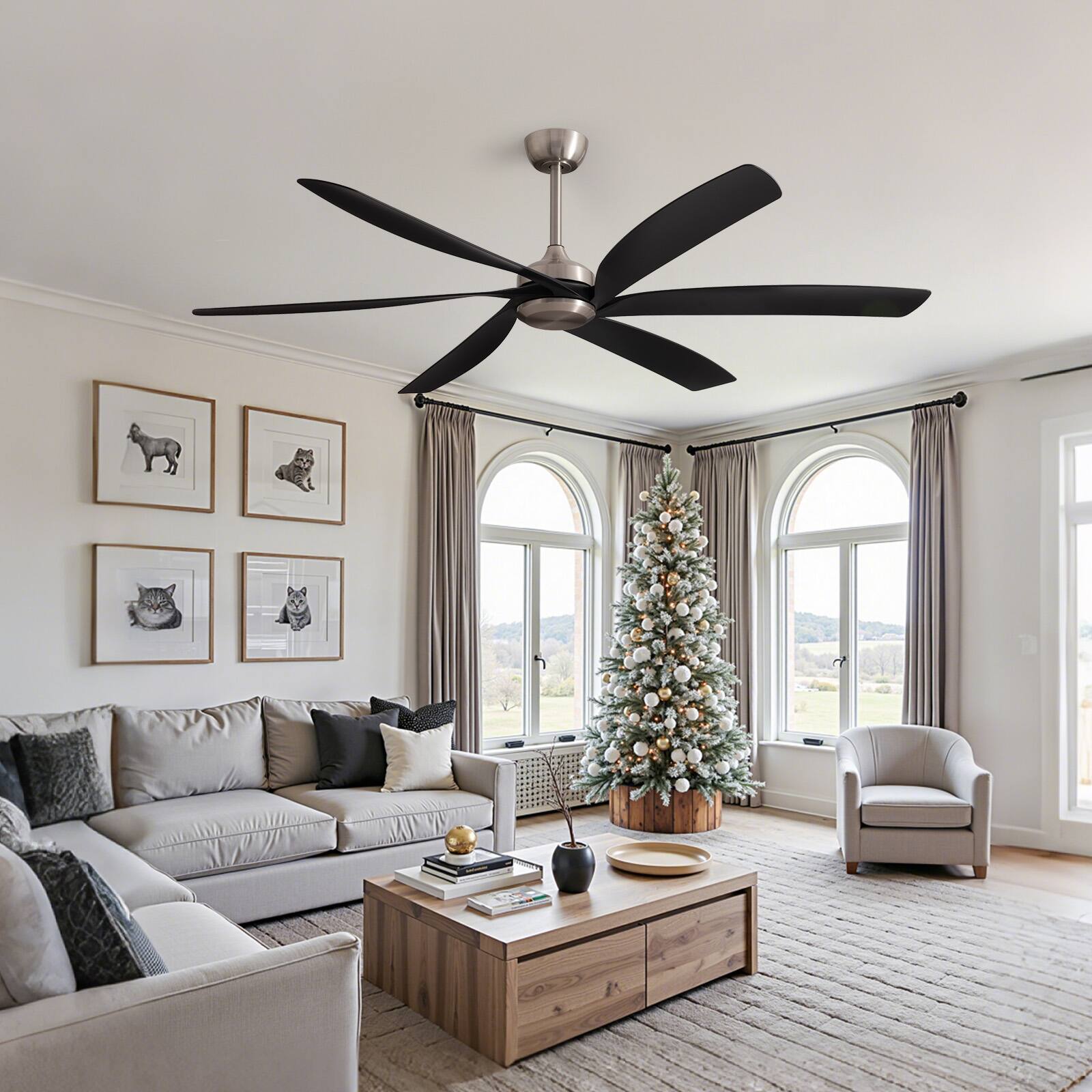 Left. Siljoy - 64" No Light Propeller Ceiling Fan Silent Reversible DC Motor 6 Speeds Timer Natural Wind Remote APP Indoor Outdoor Use - Black Nickel.
