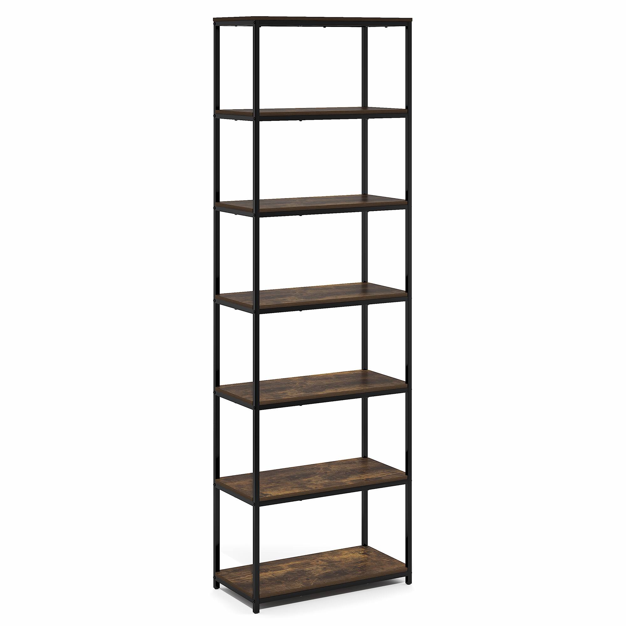 Alt View 4. Furinno - SIMPLISTIC Book Shelf, 7-Tier Bookshelf, Metal Frame Bookcases, Metal Storage Shelves, 11.8 x 23.6 x 74.9 - Amber Pine.