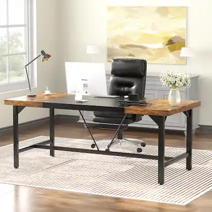 Front. Aheaplus - 63" Heavy Duty Computer Desk: 1.4" Wood Desktop & Metal Frame, 2-Person Workstation for Home Office - Rustic Brown.