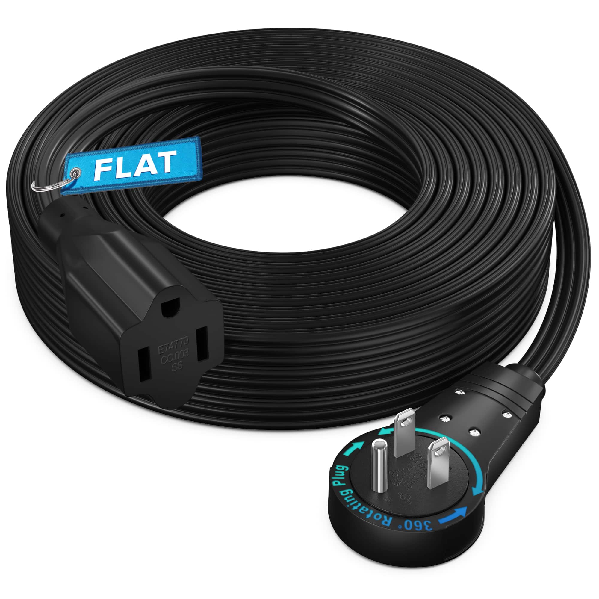 Maximm - 360° Rotating Flat Plug Extension Cord 30 feet Flat Cord Under Carpet with Slim Space-Saving Plug Design - Black
