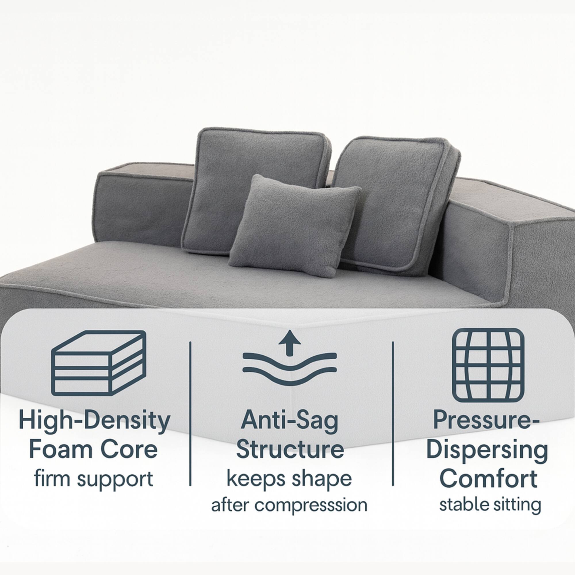 High-Density Foam Core  
firm support

Anti-Sag Structure  
keeps shape after compression

Pressure-Dispersing Comfort  
stable sitting