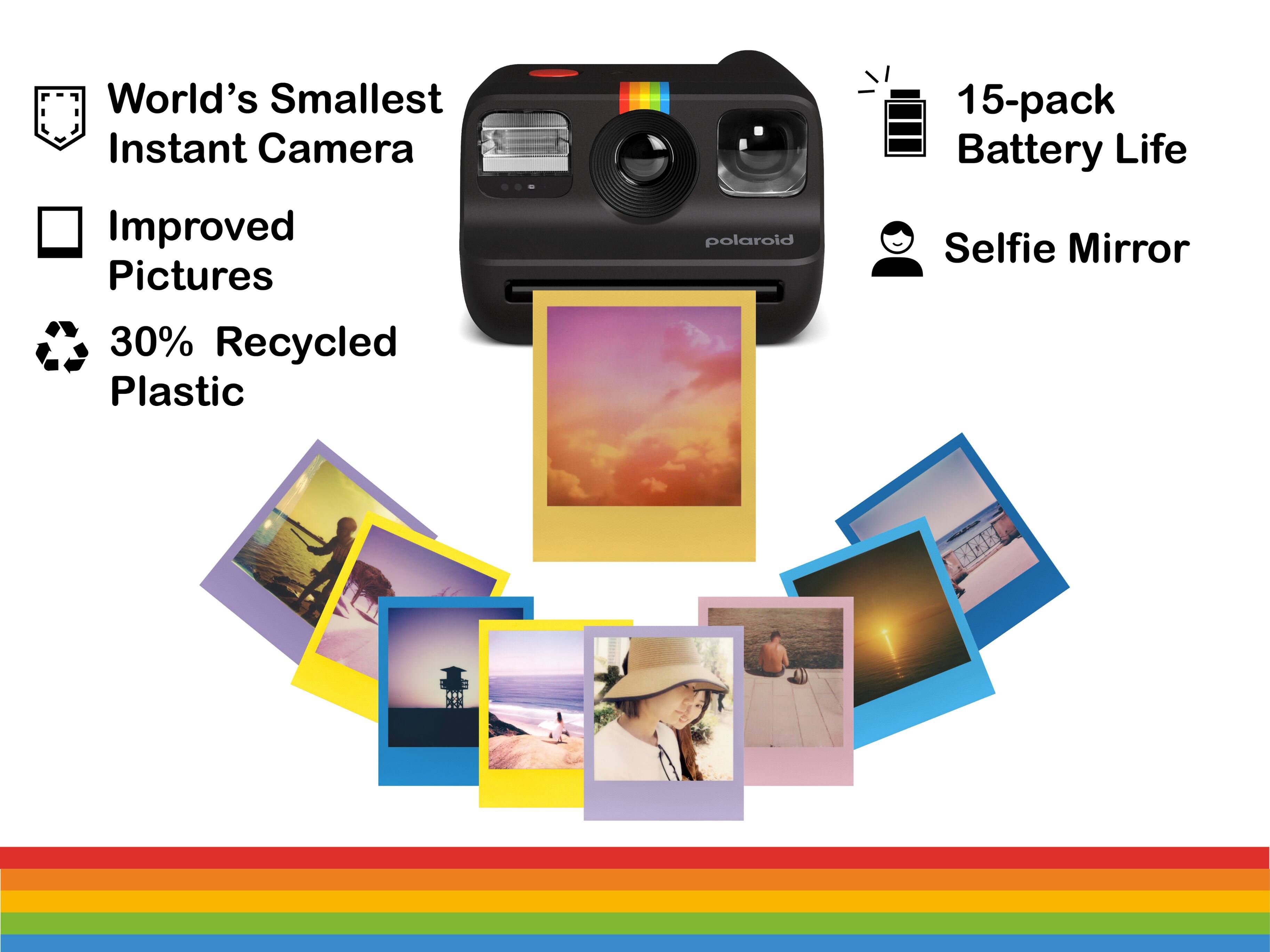 World's Smallest Instant Camera  
Improved Pictures  
30% Recycled Plastic  
polaroid  
15-pack Battery Life  
Selfie Mirror
