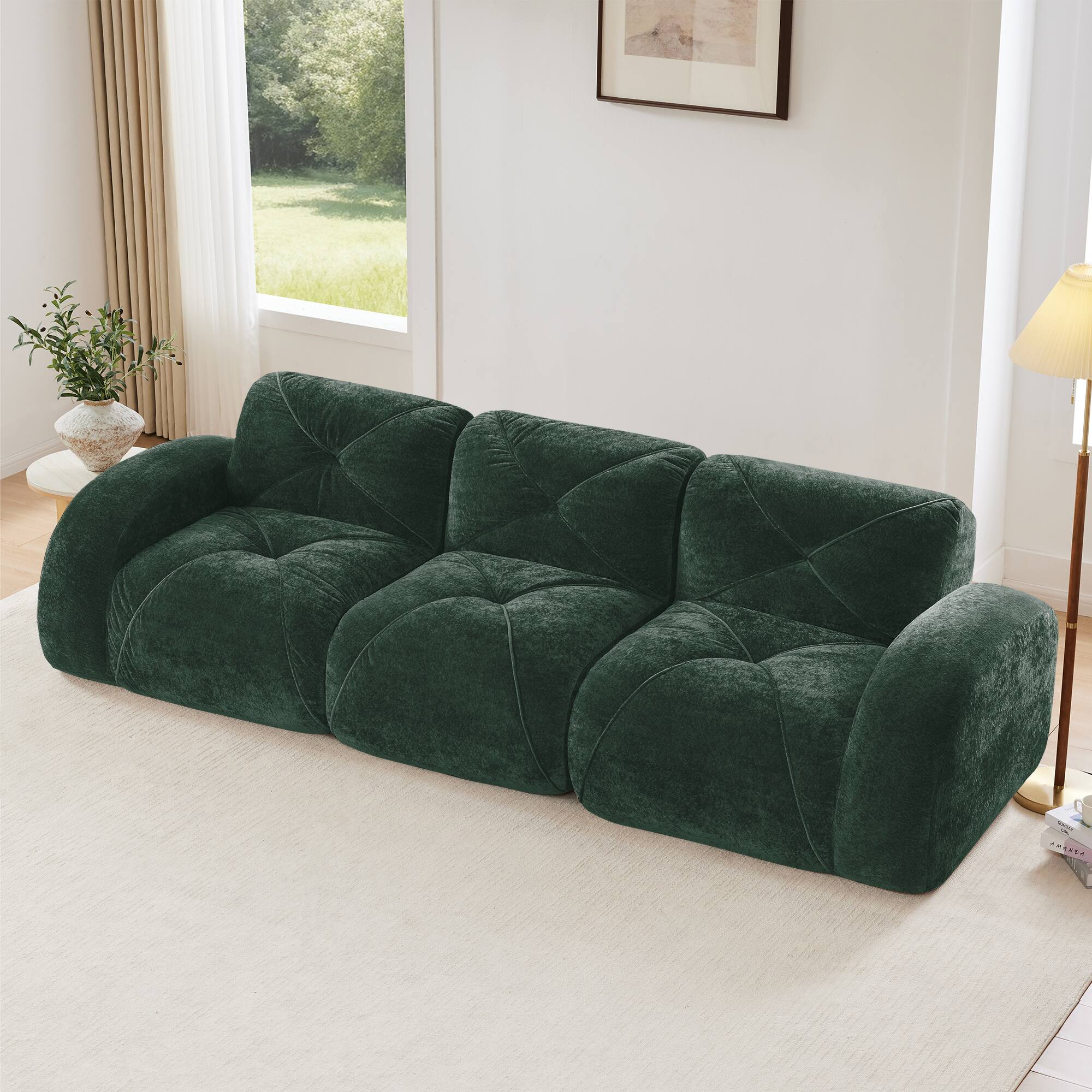 Front. LOVMOR - Modular No Assembly Anti Slip Velvet Sectional Couch Tufted For Living Room Apartment Study Soft Modern Lounge - Green.