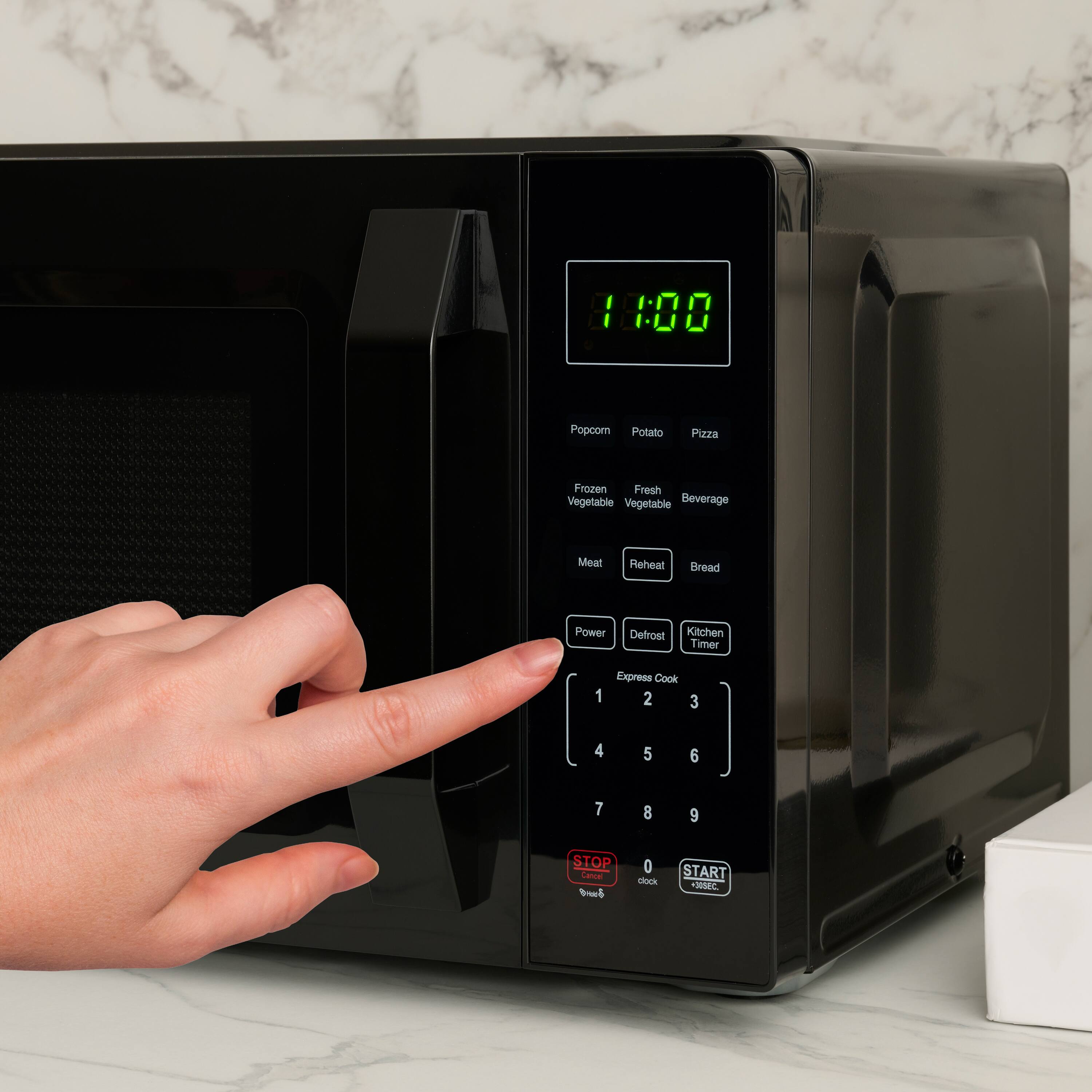 1400 Popcorn Potato Pizza Frozen Fresh Vegetable Beverage Meat Reheat Bread Power Defrost Kitchen Timer 1 Express Cook 2 3 4 5 6 7 8 9 STOP Cancel clock START www.laroe.com