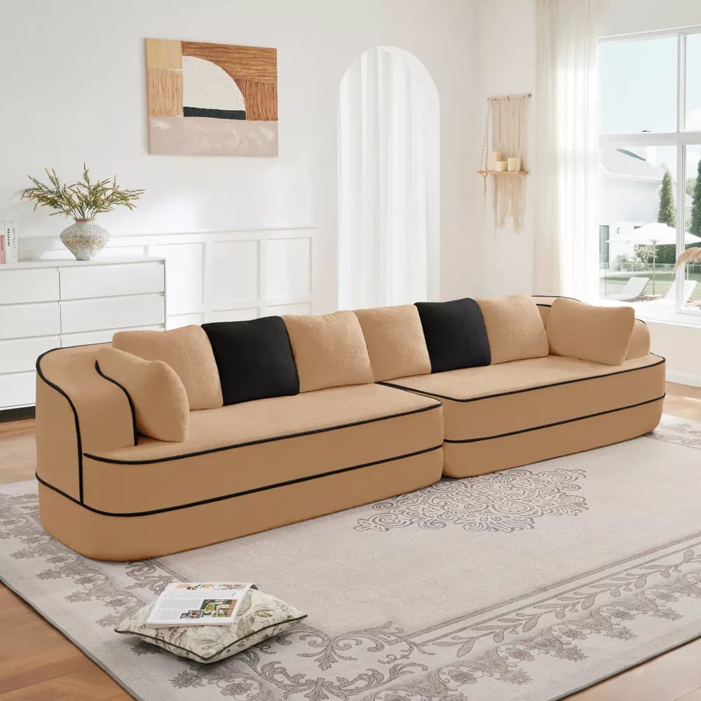 Front. Aukfa - 135" Oversized 4 Seats Fluffy Comfy Couch Teddy Fabric Modular Sofa for Living Room - Camel.