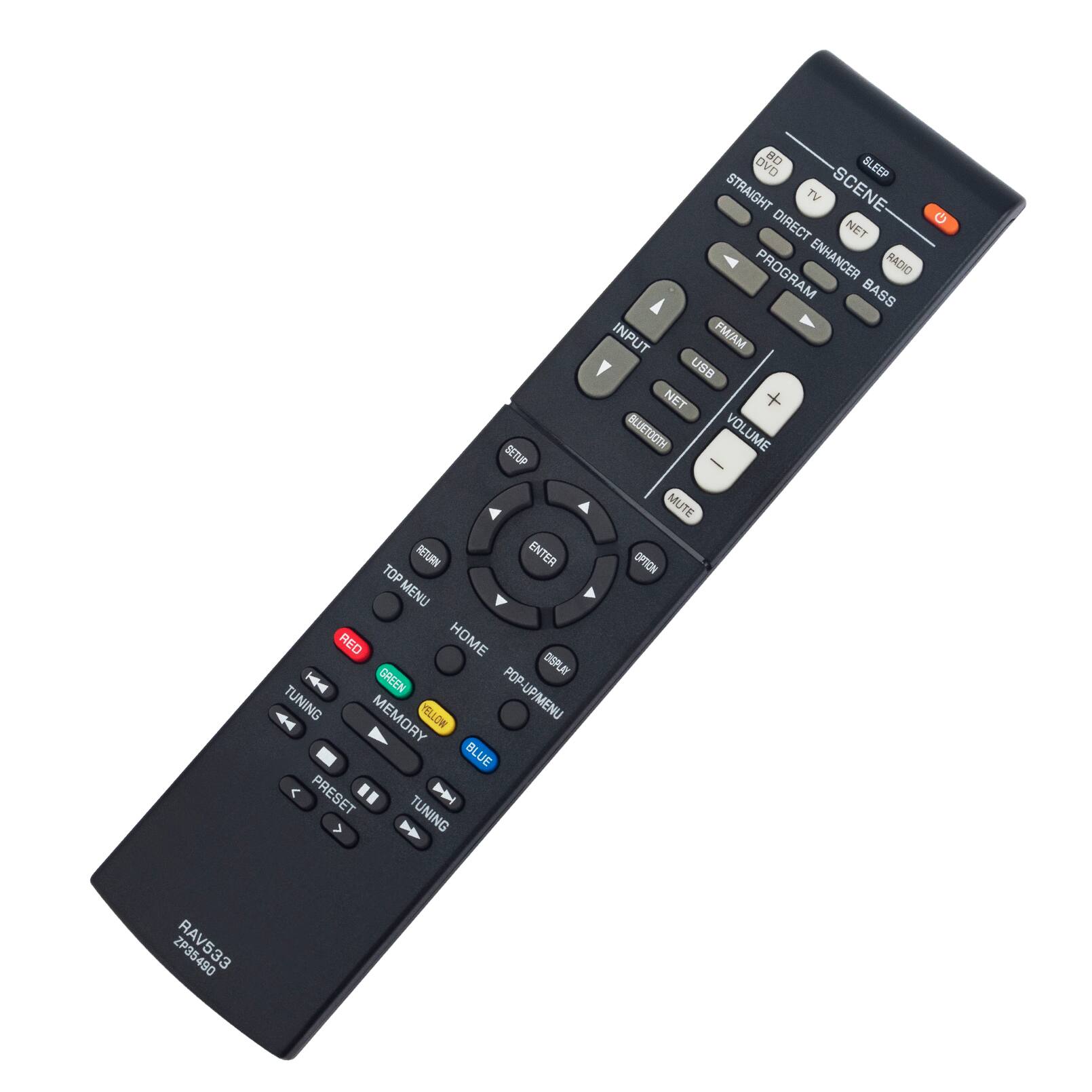 BETUP RETURN ENTER TOP MENU RED HOME POP DISPLAY | GREEN POP-UP/MENU TUNING MEMORY YELLOW BLUE < PRESET TUNING OVD BD ELEEP STRAIGHT TV SCENE DIRECT NET PROGRAM ENHANCER RADIO A BASS INPUT FM/AM Y USB NET BLUETOOTH VOLUME - MUTE OPTION

RAV533