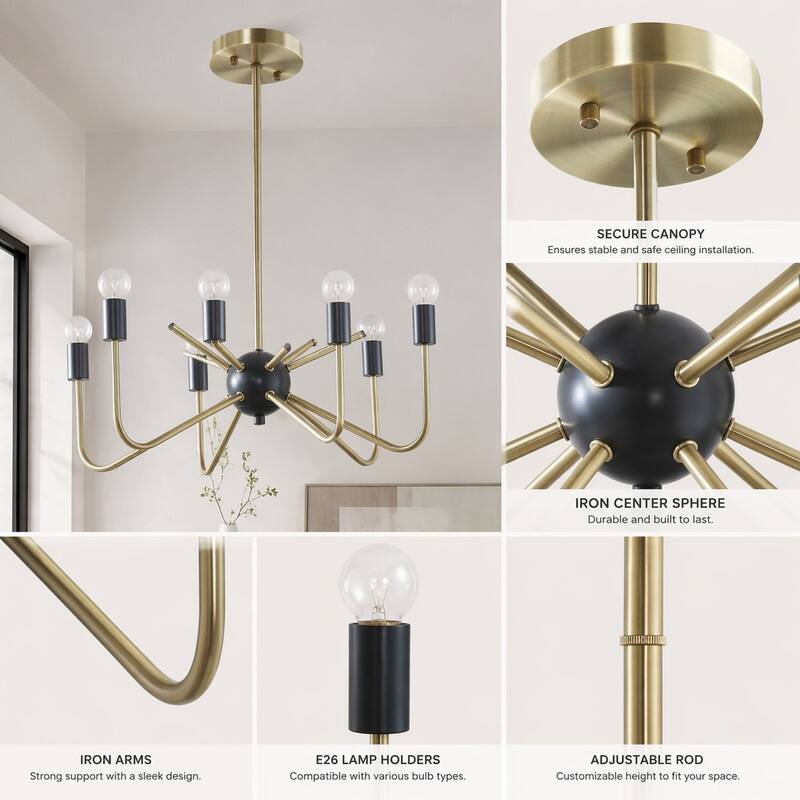 SECURE CANOPY  
Ensures stable and safe ceiling installation.

IRON CENTER SPHERE  
Durable and built to last.

IRON ARMS  
Strong support with a sleek design.

E26 LAMP HOLDERS  
Compatible with various bulb types.

ADJUSTABLE ROD  
Customizable height to fit your space.