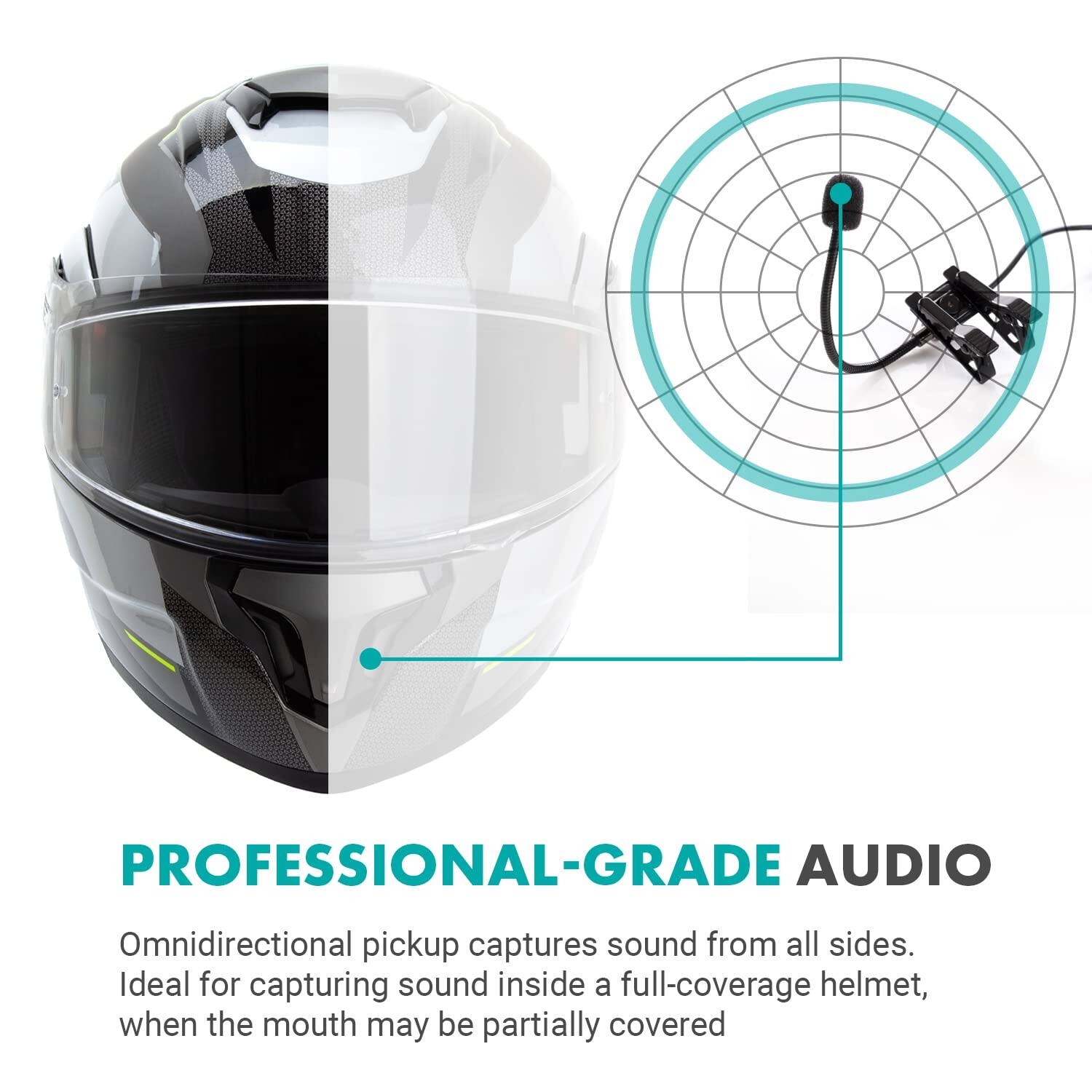 PROFESSIONAL-GRADE AUDIO

Omnidirectional pickup captures sound from all sides. Ideal for capturing sound inside a full-coverage helmet, when the mouth may be partially covered