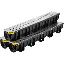 VEVOR - Trench Drain System, Channel Drain with Metal Grate, 5.9x5.1-Inch HDPE Drainage Trench, Black Plastic Garage Floor Drain - Black/Silver