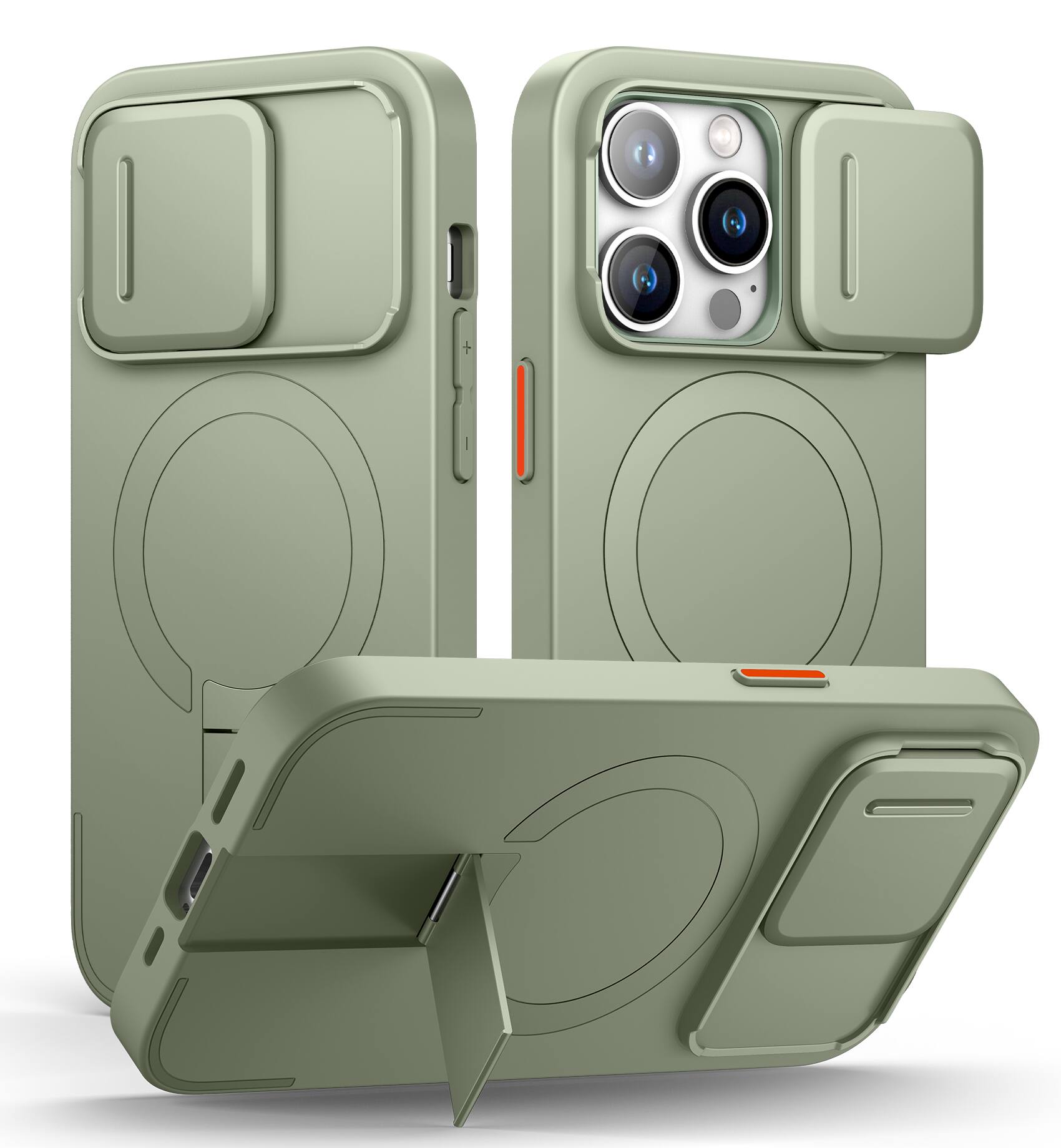 Angle. SURITCH - Bumper Case for iPhone 14 Pro with Camera Cover, Kickstand, Compatible with MagSafe, Shockproof Slim Protective Cover - Khaki Green.