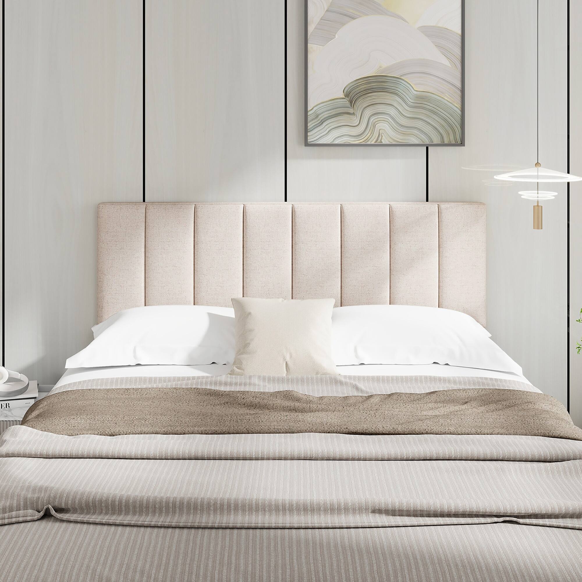 Alt View 1. Gymax - Gymax Linen Upholstered Headboard Vertical Channel Tufted Wood Leg for Full/Queen - Beige.