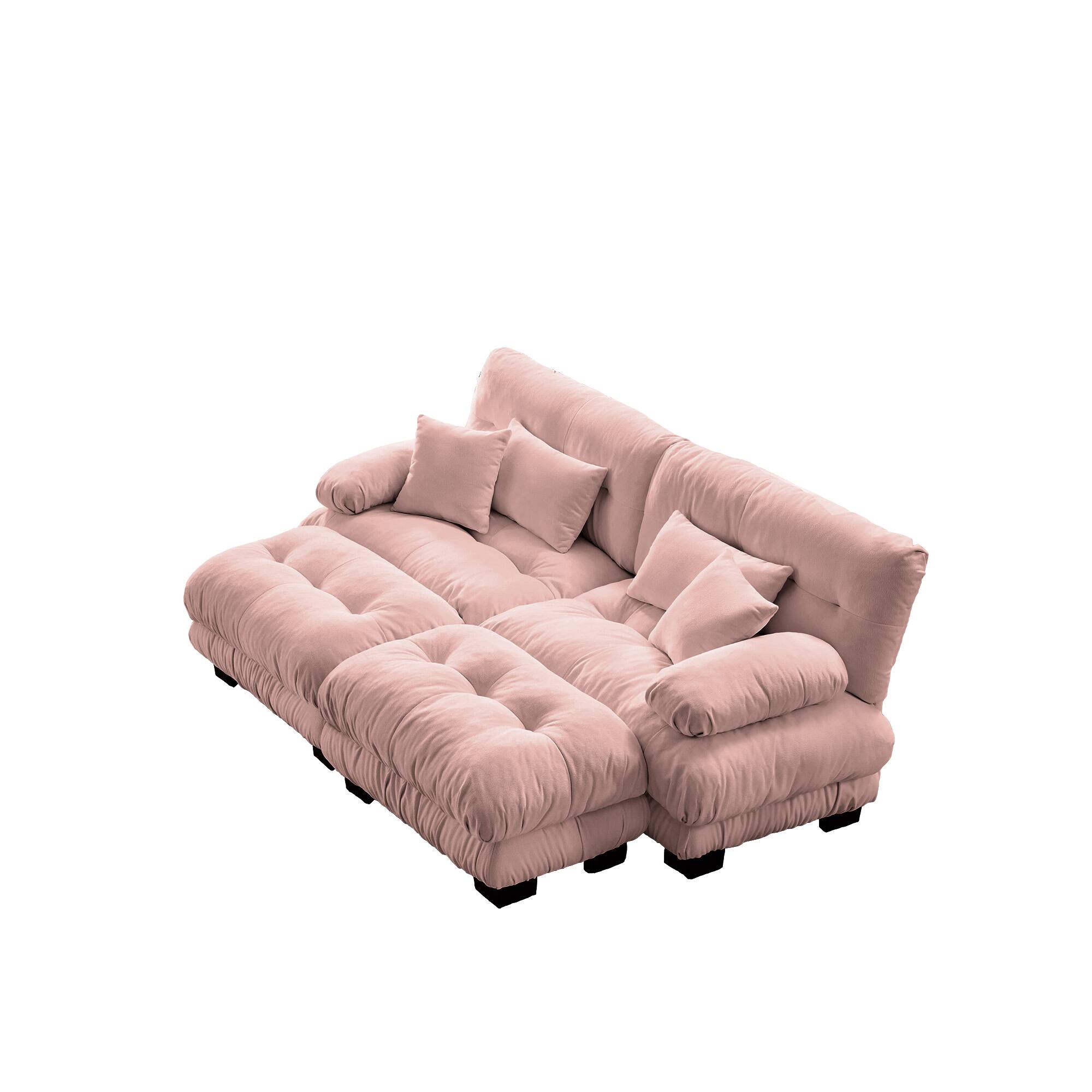 Alt View 1. DOMETOUR - Cloud Couch Chenille 2 Seater sofa with 2 Lumbar pillows and 2 throw pillows Upholstered Wide Arm Sofa with 2 Ottomans - Chenille Pink.