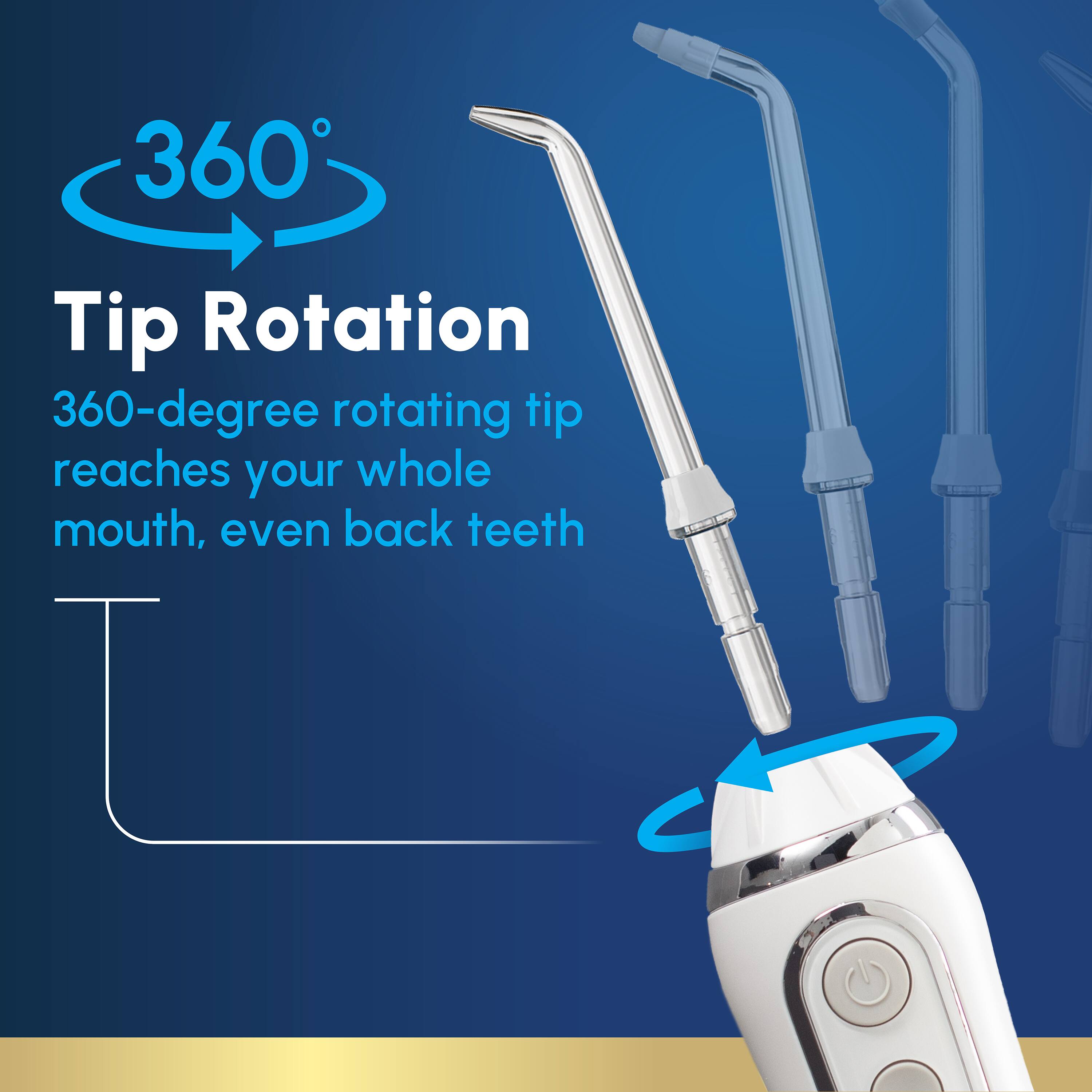 360° Tip Rotation  
360-degree rotating tip reaches your whole mouth, even back teeth