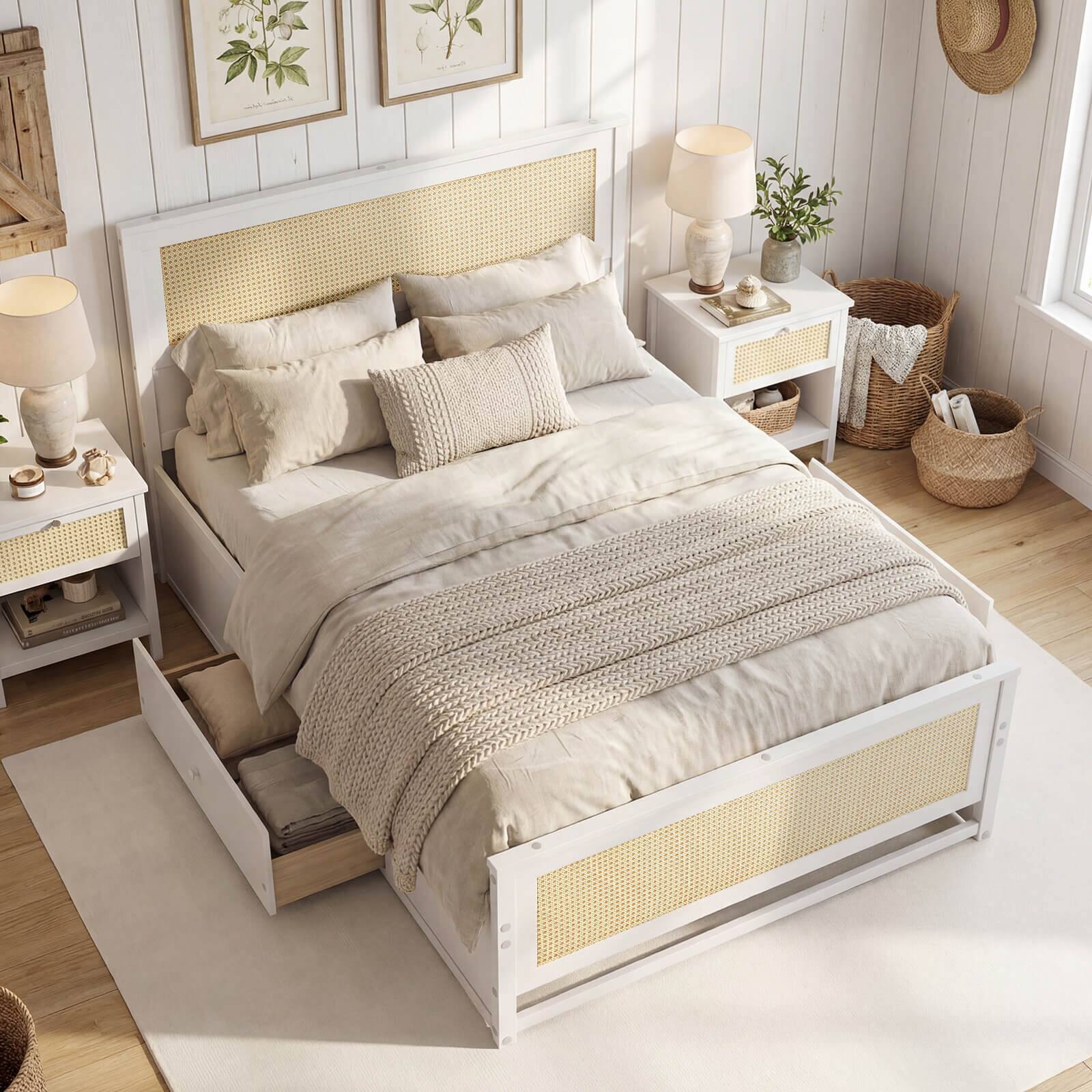 Alt View 1. Costway - Costway Full Size Rattan Bed Frame with Headboard, 2 Storage Drawers & Space - White.