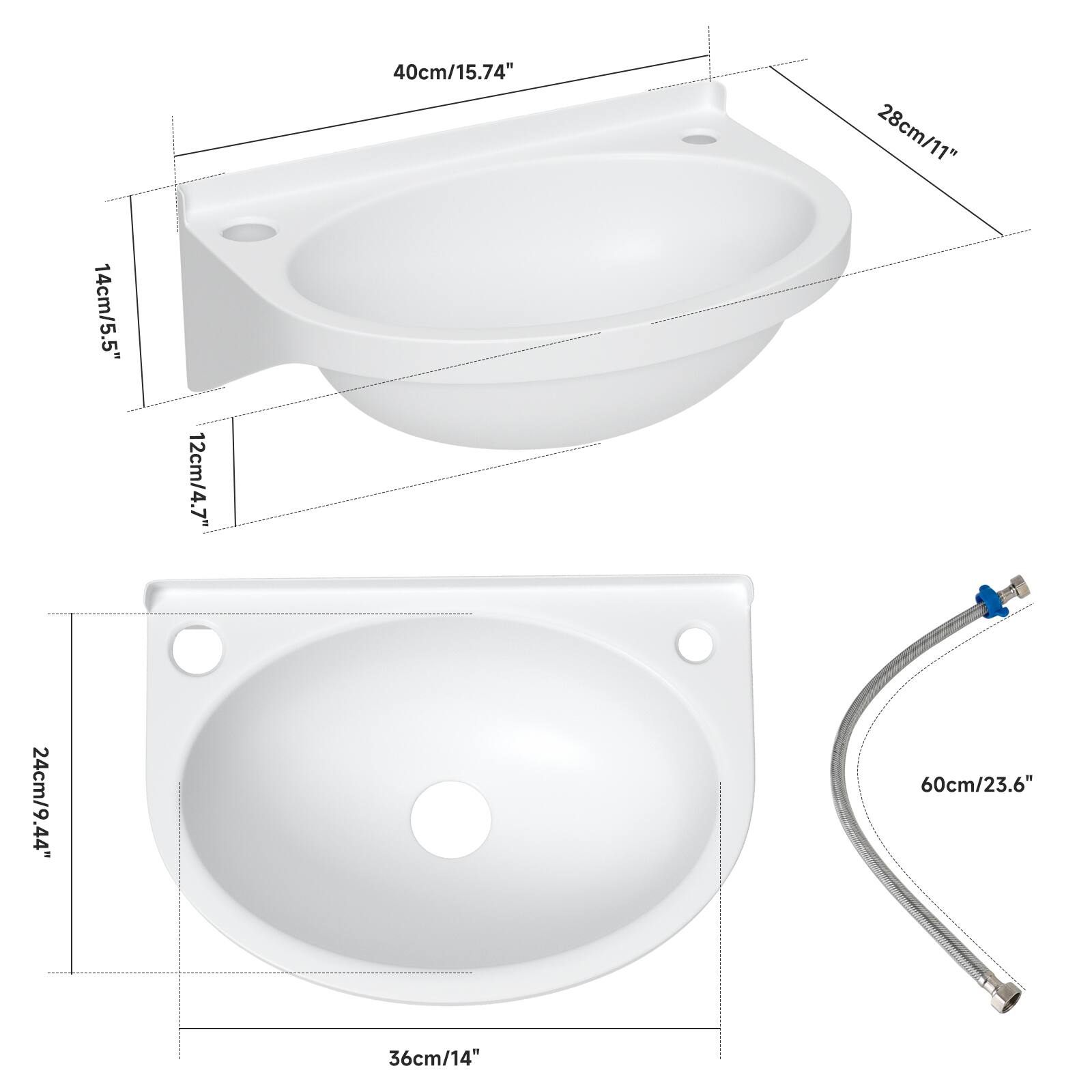 40cm/15.74"  
28cm/11"  
14cm/5.5"  
12cm/4.7"  
24cm/9.44"  
60cm/23.6"  
36cm/14"