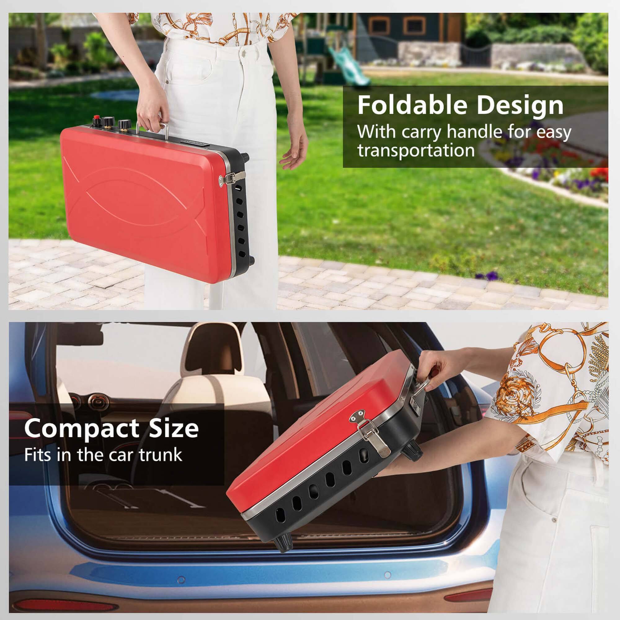 The text on the image reads: "Foldable Design With carry handle for easy transportation Compact Size Fits in the car trunk."