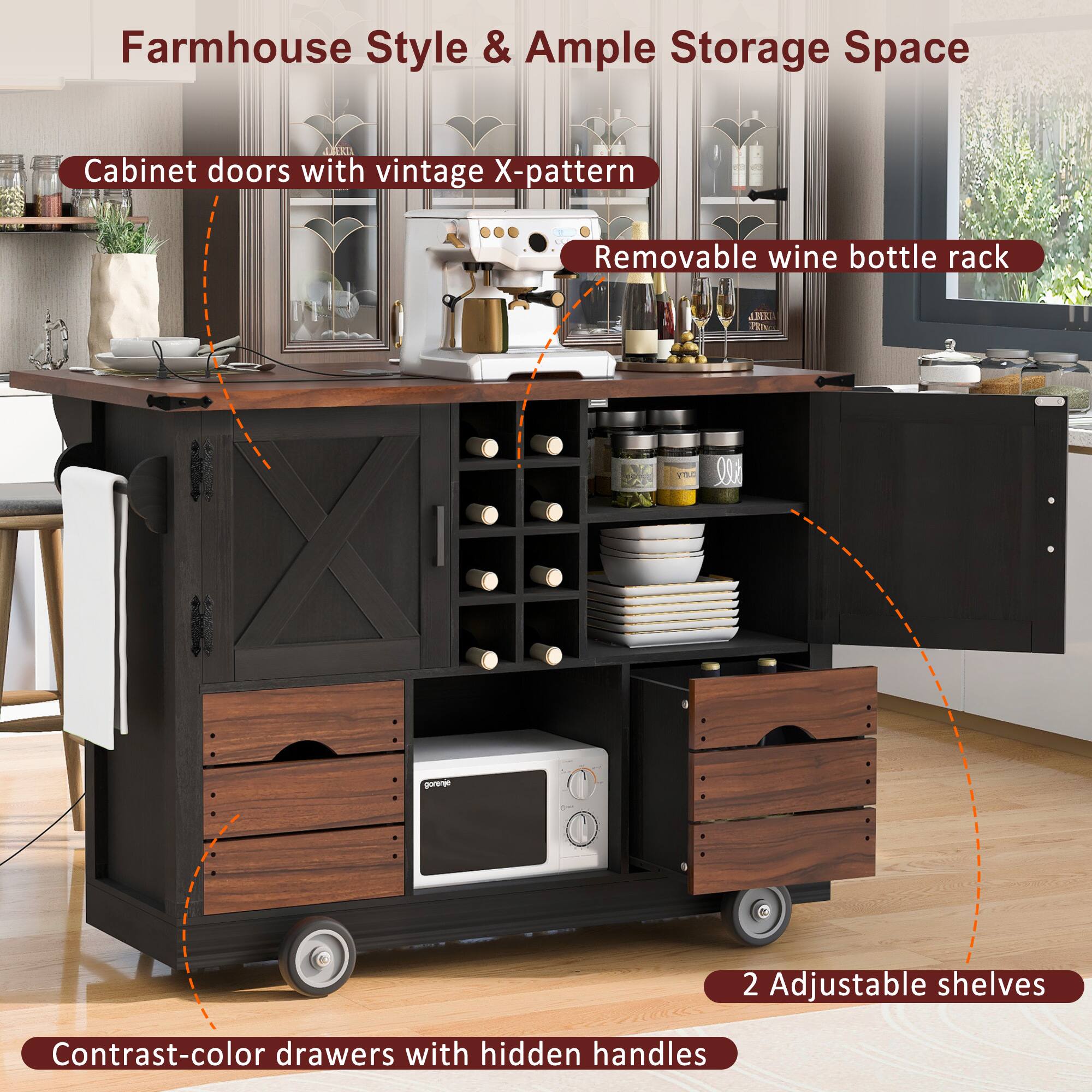 Farmhouse Style & Ample Storage Space

- Cabinet doors with vintage X-pattern
- Removable wine bottle rack
- Contrast-color drawers with hidden handles
- 2 Adjustable shelves