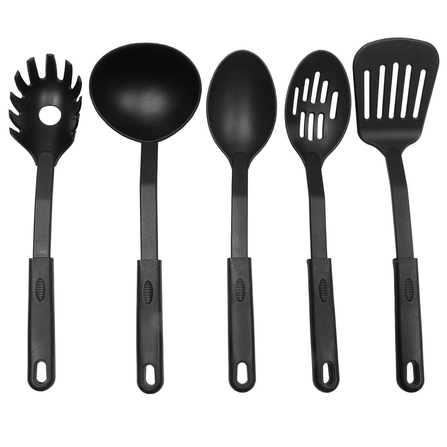 Chef Craft - 5pc Nylon Kitchen Cooking Tool Set - Slotted Turner, Slotted Spoon, Mixing Spoon, Ladle & Spaghetti Fork - Black