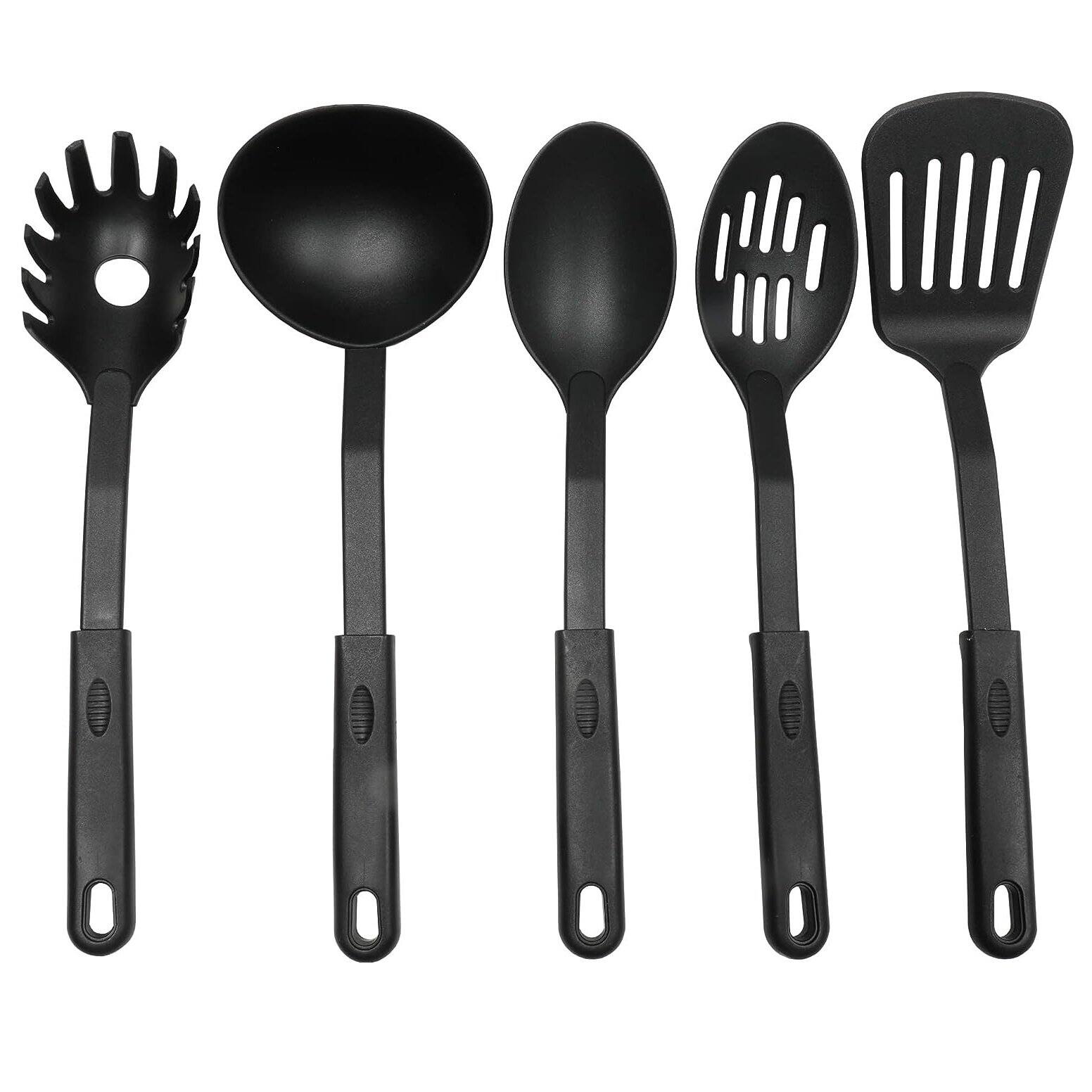 Front. Chef Craft - 5pc Nylon Kitchen Cooking Tool Set - Slotted Turner, Slotted Spoon, Mixing Spoon, Ladle & Spaghetti Fork - Black.