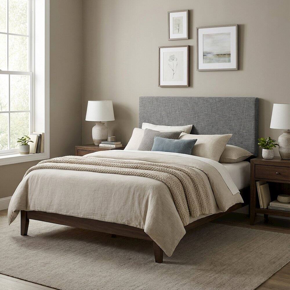 Left. FurniFact - Upholstered Linen Fabric Full Queen Headboard with Padded Design - Gray.