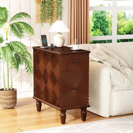 Loheer - Two Drawer Nightstand, Narrow Sofa Side Table with Charging Station for Bedroom or Living Room - Walnut