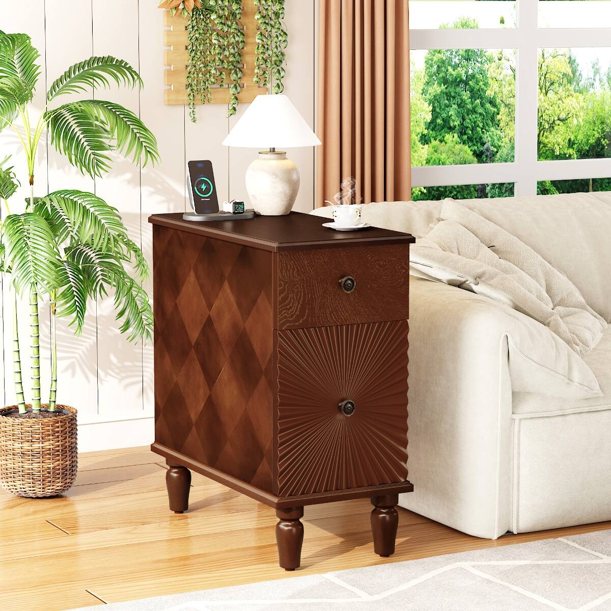 Loheer - Two Drawer Nightstand, Narrow Sofa Side Table with Charging Station for Bedroom or Living Room - Walnut