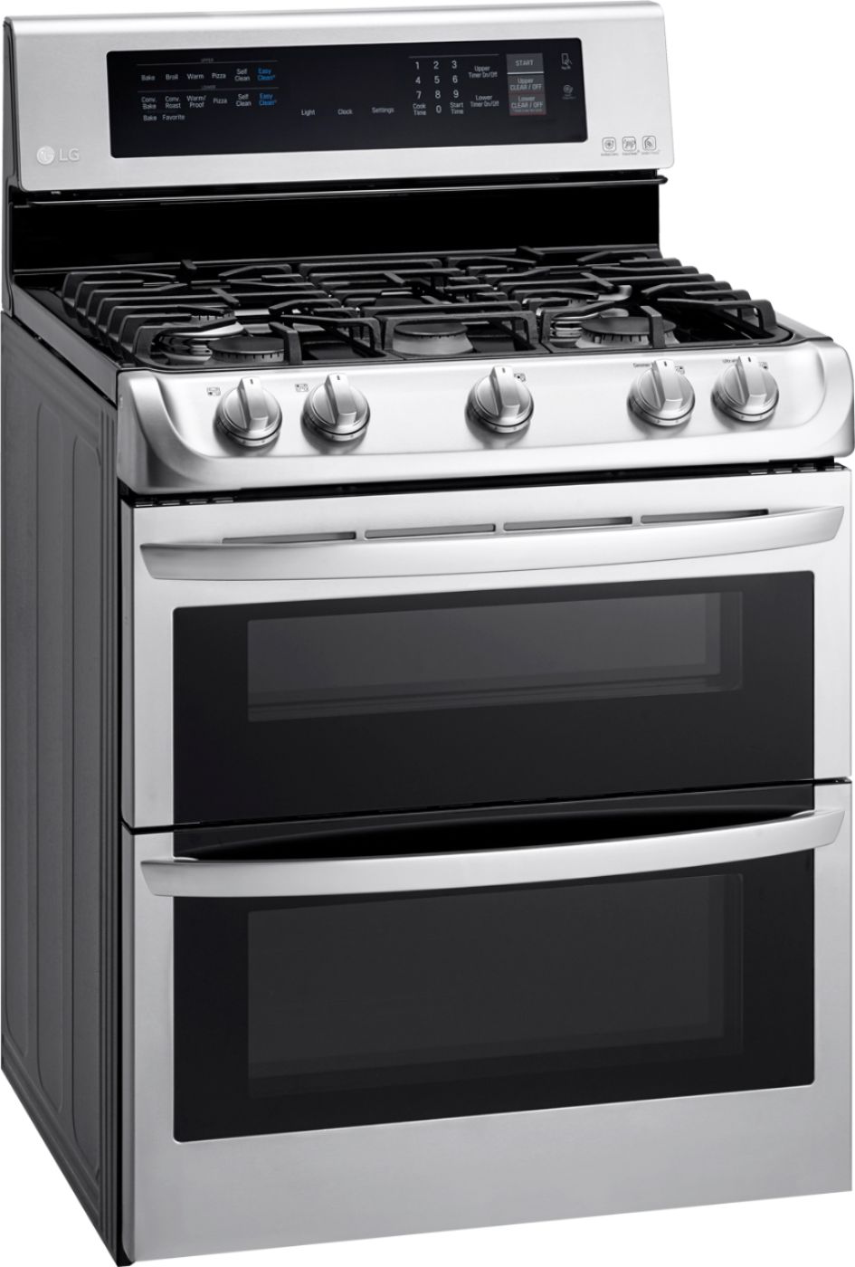 Angle View: LG - 6.9 Cu. Ft. Freestanding Double Oven Gas True Convection Range with EasyClean and UntraHeat Power Burner - Stainless Steel