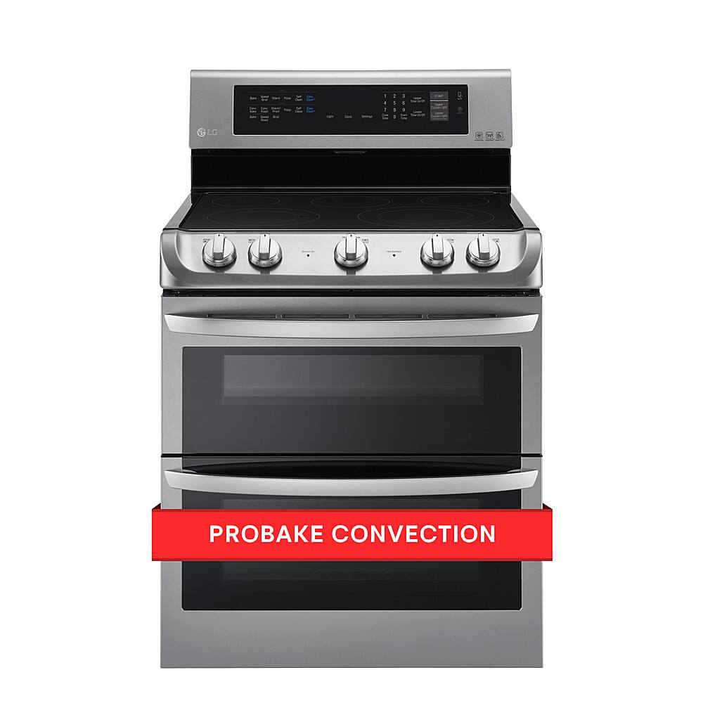 The image features a large, silver, stainless steel electric range with a black and silver finish. The oven is equipped with a ProBake Convection system, which provides even heat distribution and faster cooking times. The oven has a digital display and a timer, making it easy to monitor cooking progress and set cooking times. The range is designed to be energy-efficient and environmentally friendly, making it a great choice for modern kitchens.